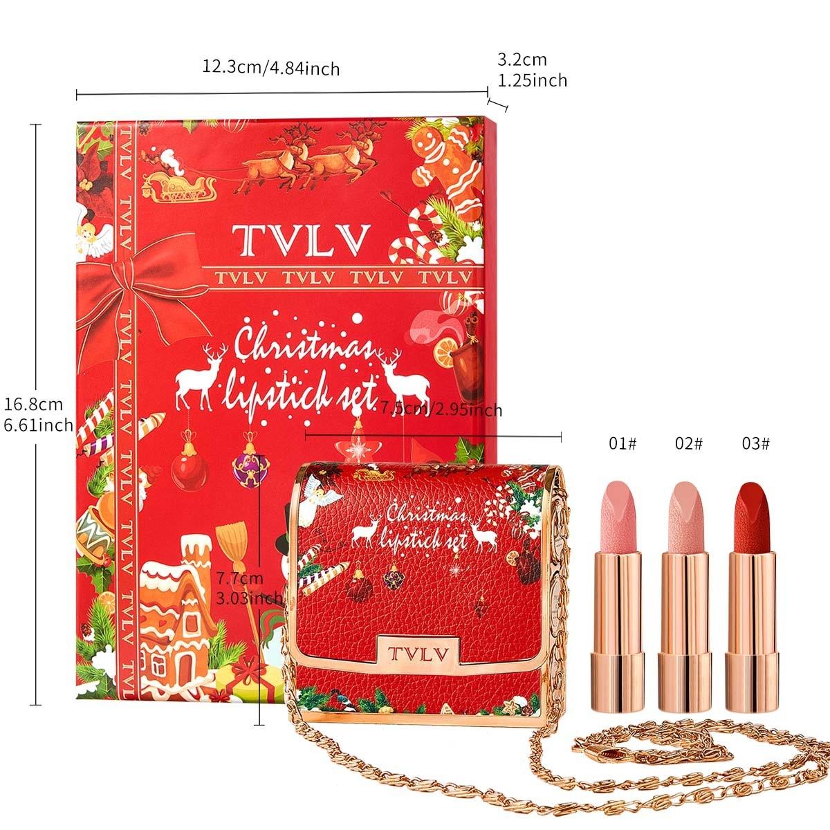 Luxurious Long-Lasting Matte Lipstick Set, 3 Counts/set Waterproof Non-Stick Cup Lipsticks with Silver Chain Bag, Ideal Gift for Girls and Ladies