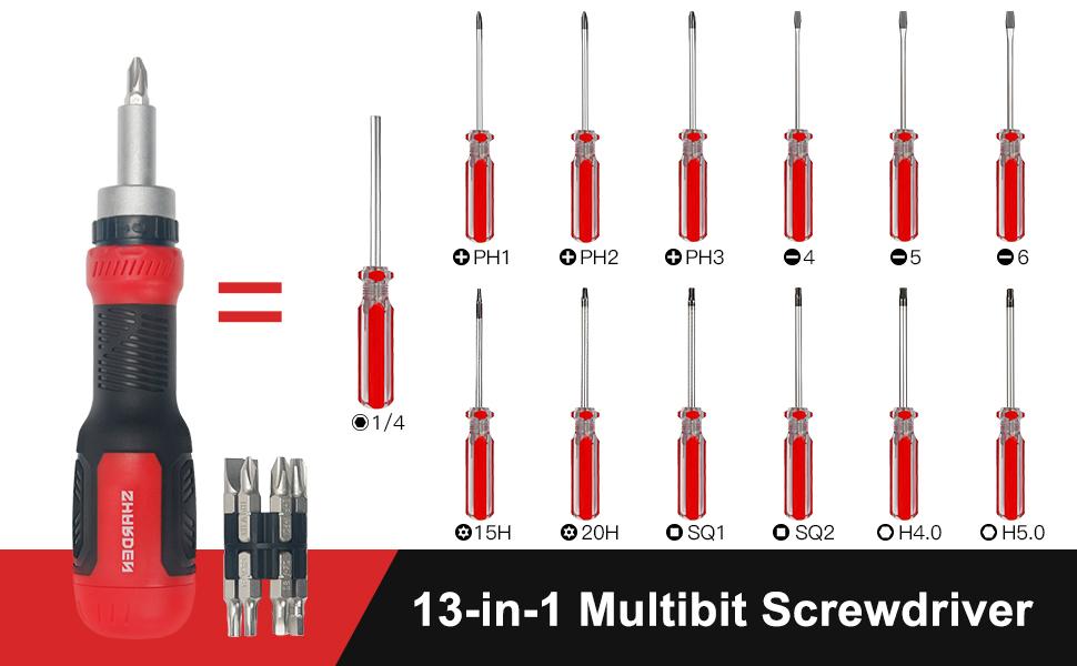 SHARDEN Ratchet Screwdriver 13-in-1 Ratcheting Screwdriver Set with Torx Security, Flat Head, Phillips, Hex, Square, and 1/4 Nut Driver