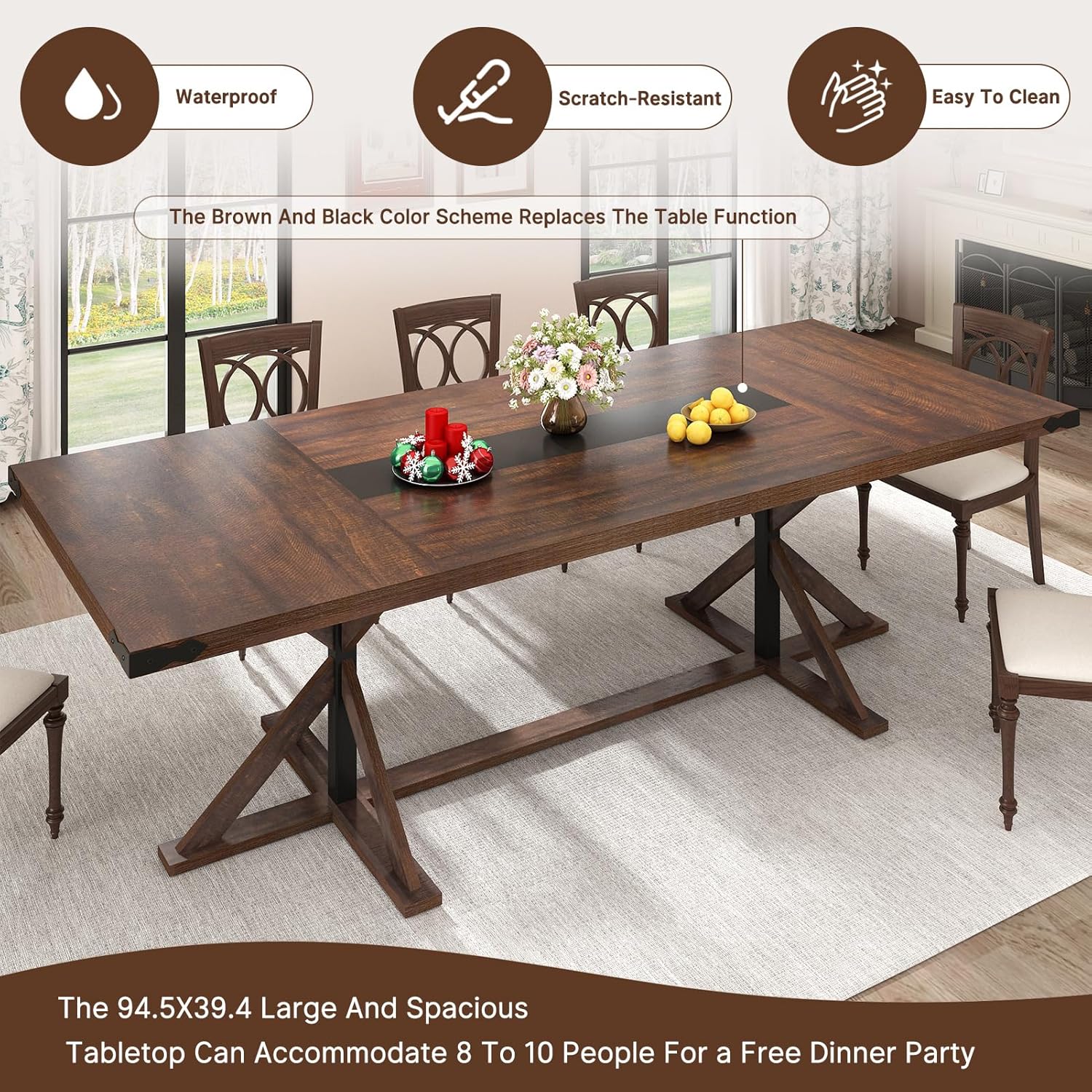 71inch/78inch/94inch Farmhouse Dining Table for 5 6 8 10 People,Rectangular Kitchen Table W/Thickness Waterproof Wood Grain Tabletop,6FT Large Rustic Dinner Table W/Adjustable Leg for Dining Living Room(Brown&black/Brown/Oak)