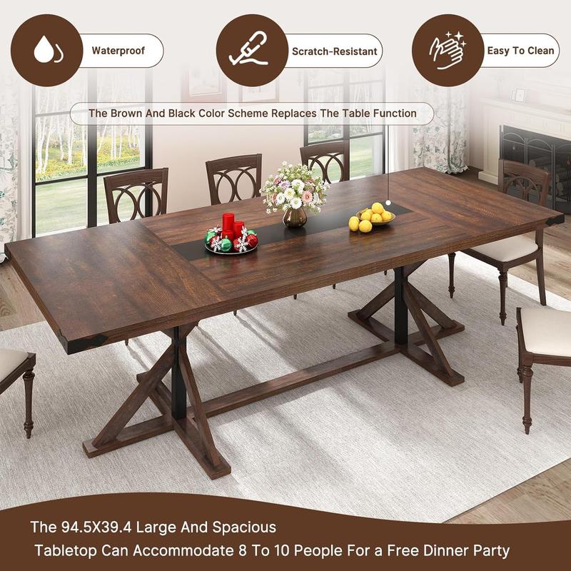 71inch/78inch/94inch Farmhouse Dining Table for 5 6 8 10 People,Rectangular Kitchen Table W/Thickness Waterproof Wood Grain Tabletop,6FT Large Rustic Dinner Table W/Adjustable Leg for Dining Living Room(Brown&black/Brown/Oak)