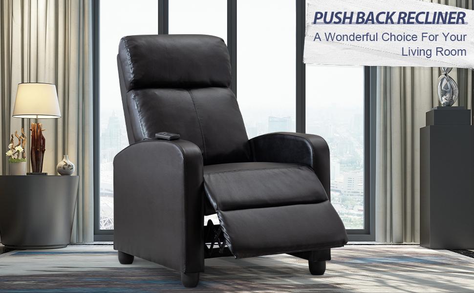 [SpringStatements] PU Leather Massage Recliner Chair Winback Recliner Chairs, Modern Padded Seat Reclining Chair Single Sofa for Living Room, Adjustable Home Theater Seating Office Black