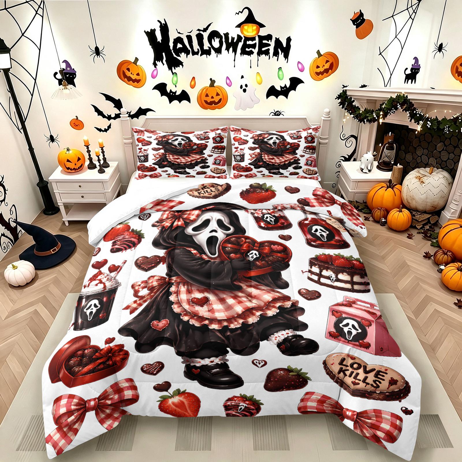 Color-Block Plaid Chibi Hugging a Teddy Bear, Pulling a Suitcase and Playing Phone Ghostface Print Comforter Set & 1-2 Pillowcases, Comfortable Easy Care Bedding, Halloween or Movie Fans Bedroom Dorm Decor