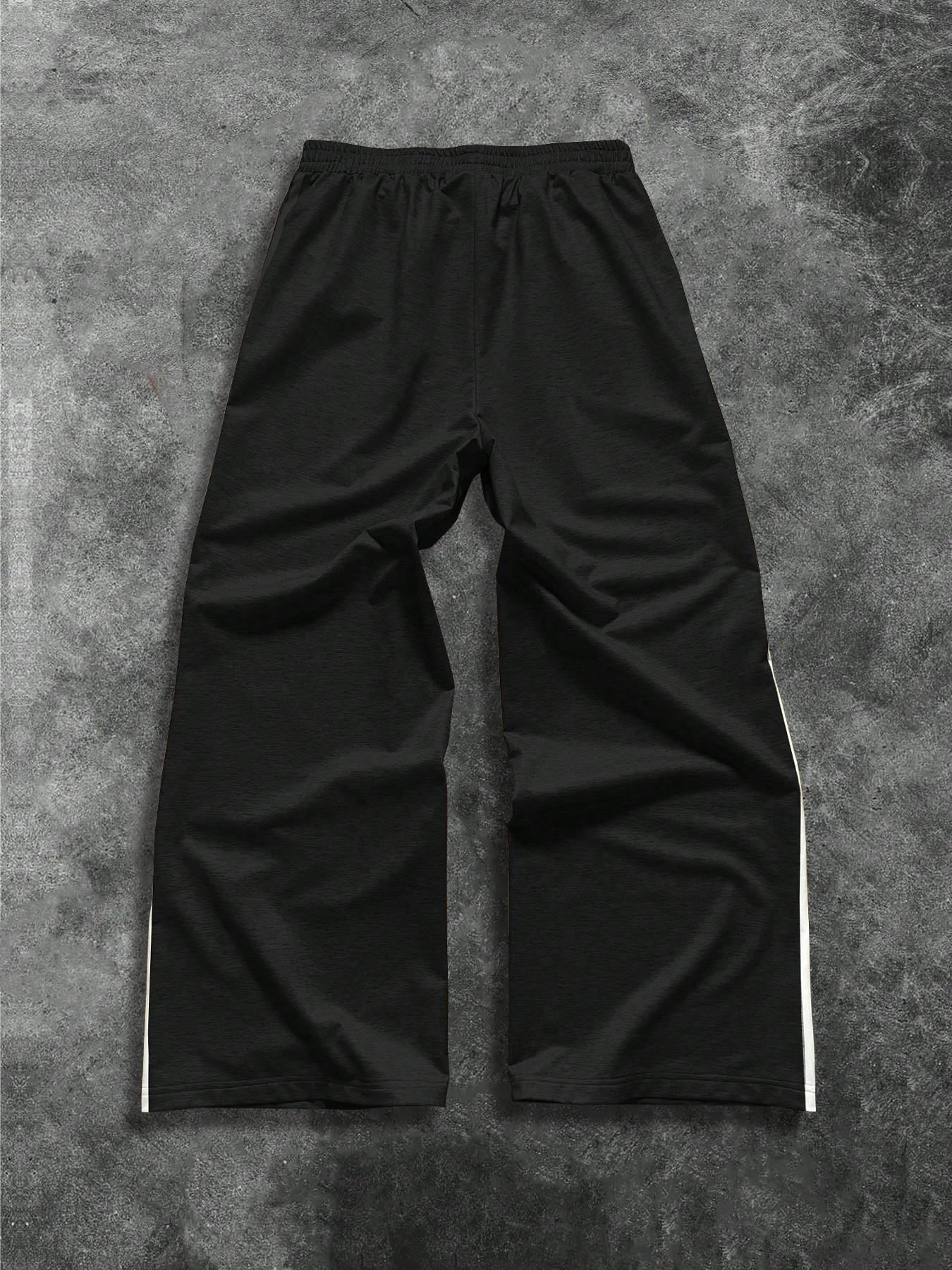 Men's American High Street Loose Wide Leg Pants, Side Stripe Cherry Blossom Digital Print Sweatpants, Drawstring Waist Casual Sports Long Pants