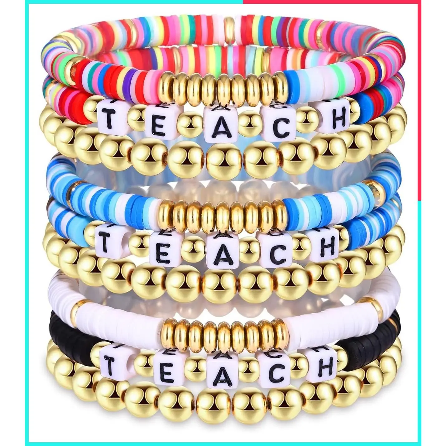 9 Pack Heishi Teacher Bracelets Stackable Rainbow Beaded Stretchy Bracelet Preppy Jewelry Back to School Teacher Appreciation Gifts