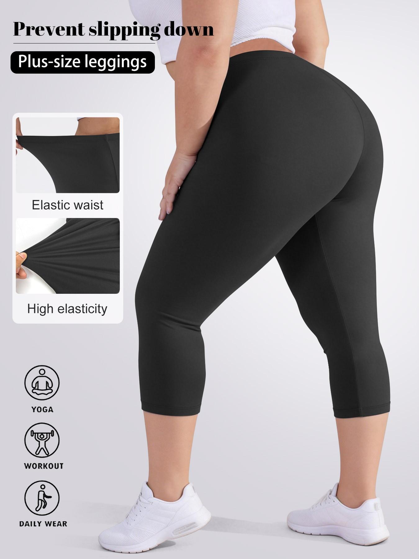 Plus Size Women's 3/4 Leggings, Stretchy Design, Soft Fabric, Suitable for Summer Wear, Solid Color Style for Comfort and Style