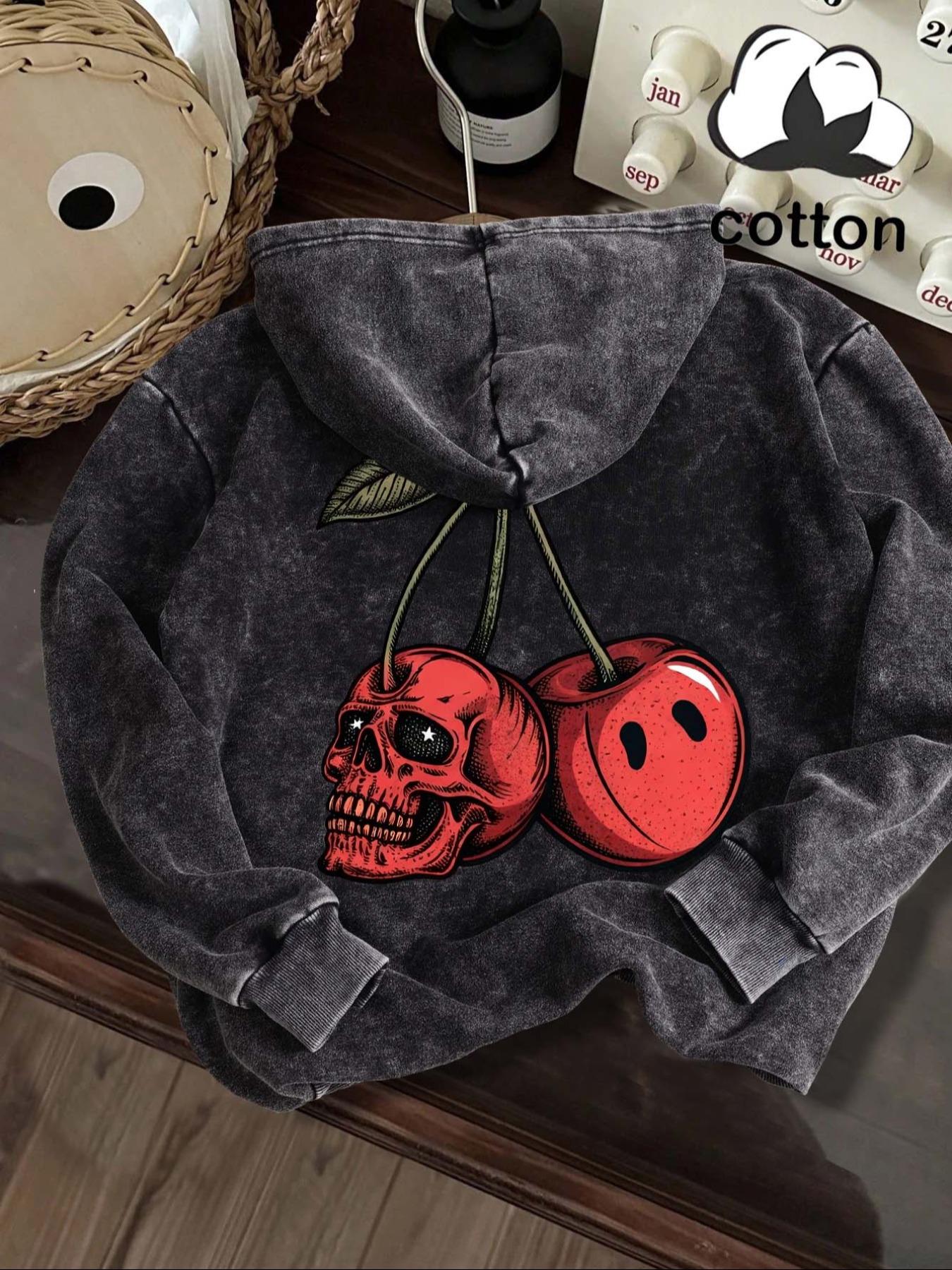 Women's Halloween Cherry Skull Graphic Print Hoodie, Fitted Casual Long Sleeve Sweatshirt, Vintage Wash Cotton, Fall & Winter Fashion