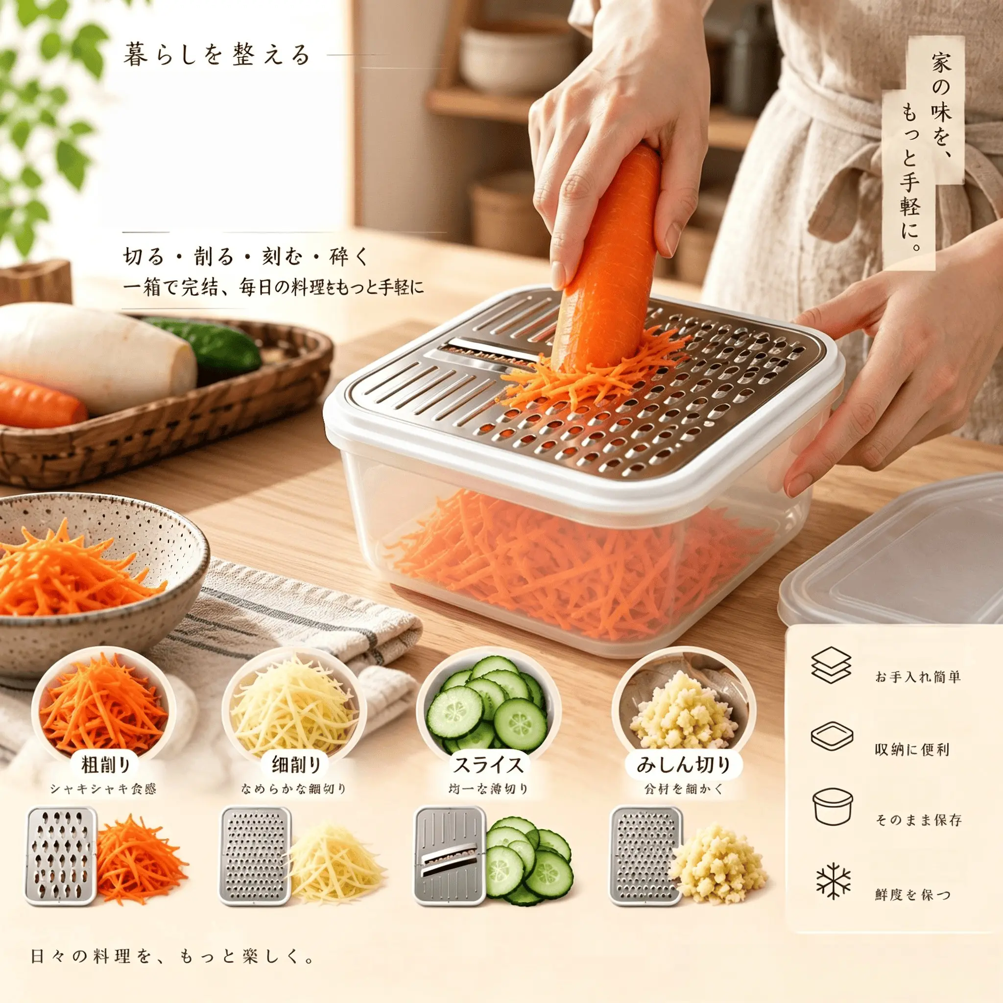 Stainless Steel Square Grater Box, Multi-Functional Grater with Storage Box, Includes Two Blades, Ideal for Garlic, Cheese, Fruits