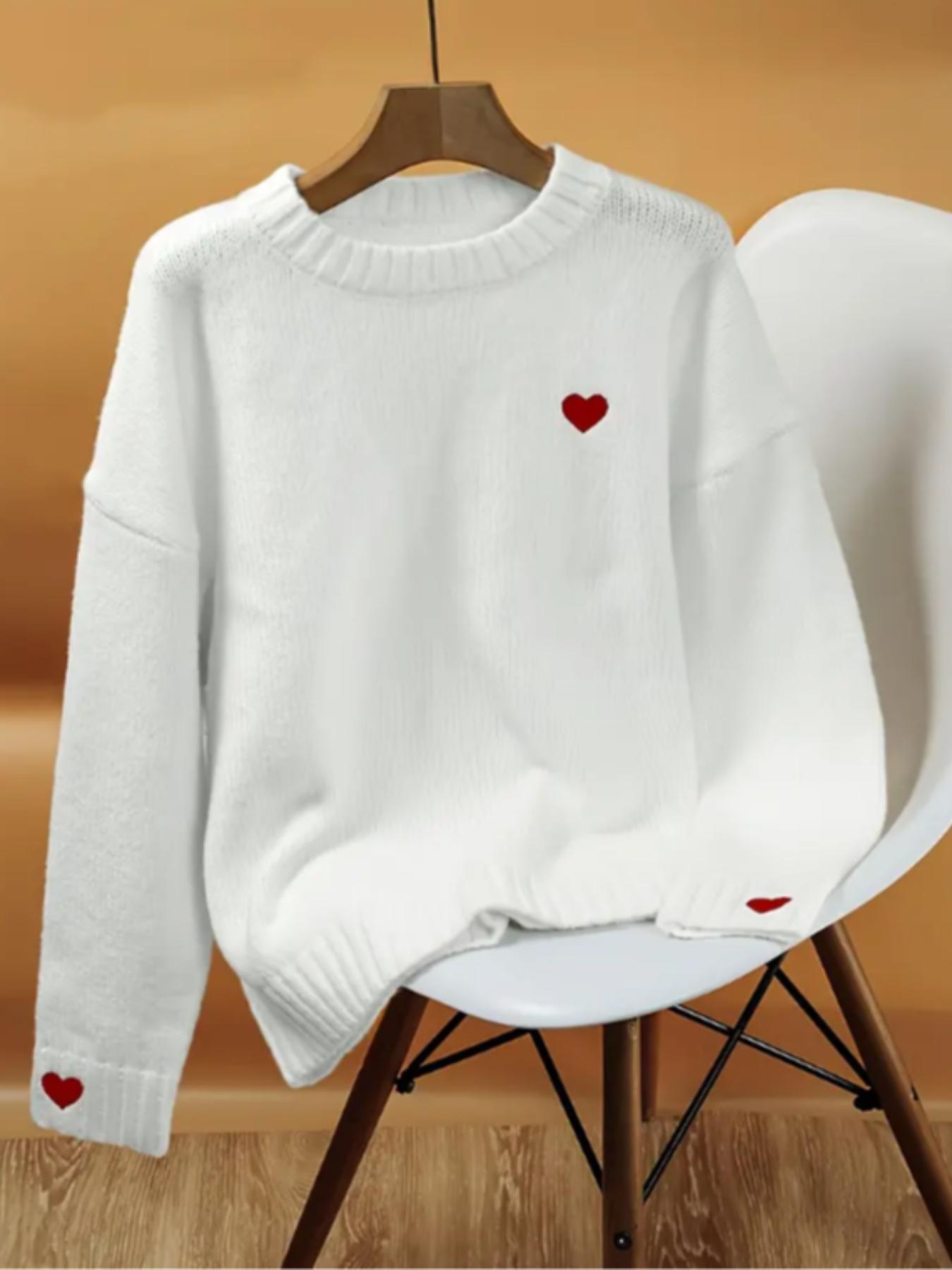 Women's Winter New Fashion Sweater, Embroidered Heart Knitwear, Elegant Casual Woolen Pullover, Loose Long Sleeve Top, Embroidery