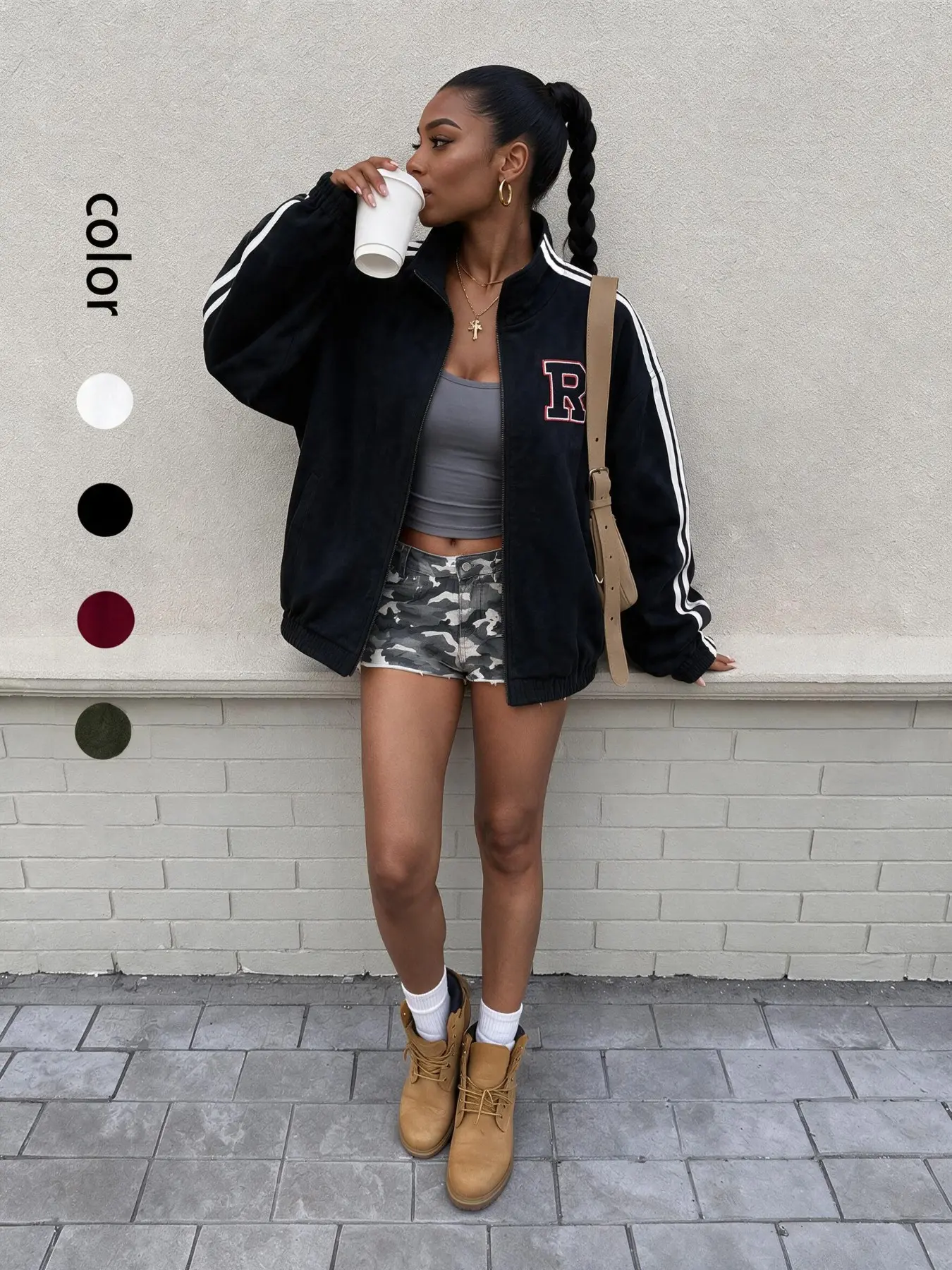 Women's Loose-Fit R-Word Letter Everyday Casual Jacket, Street Style, Windproof Stand Collar, Elastic Hem, Comfortable and Versatile