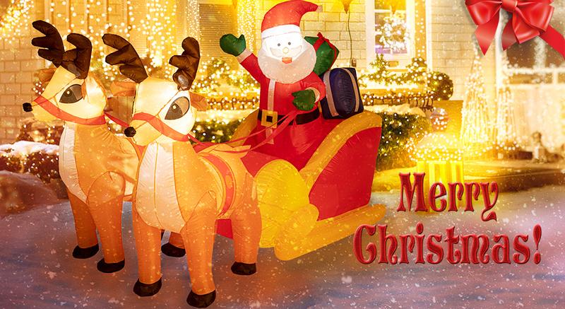SUNNYGLADE 4.5 x 7 Ft LED Inflatable Christmas Santa Outdoor Decorations Christmas Reindeer Pull The Sleigh Take Santa Claus Xmas Decoration Built-in LED Lights for Christmas Holiday Garden Decor