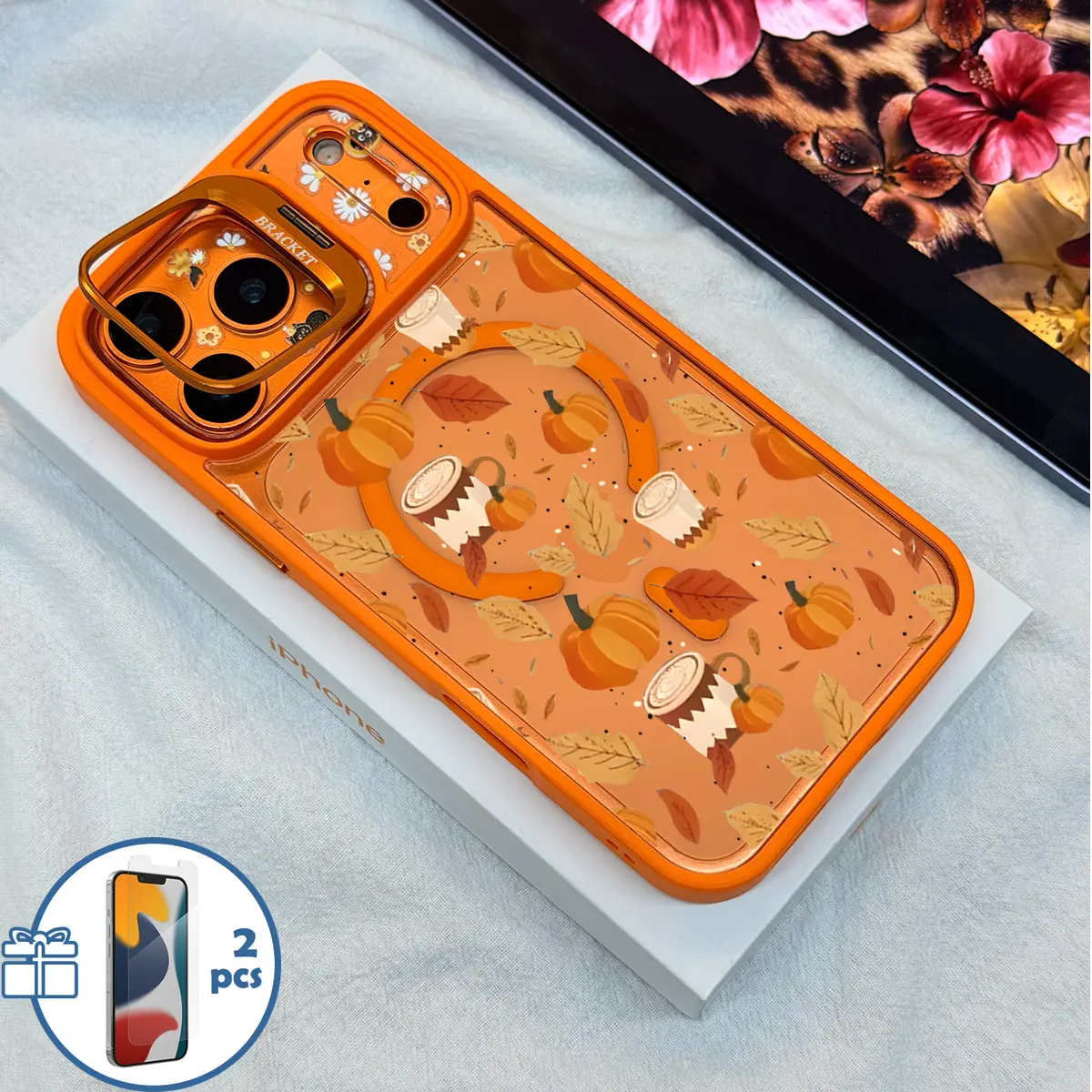 Pumpkin Latte Fall Vibe Halloween Pattern MagSafe Shockproof Phone Case with Camera Foldable Stand, Magnetic Anti-Scratch Cover Compatible for iPhone 17 Pro Max/16/15 & Samsung Galaxy Series with 2 Pcs Free Tempered Glass Screen Protector Full Coverage