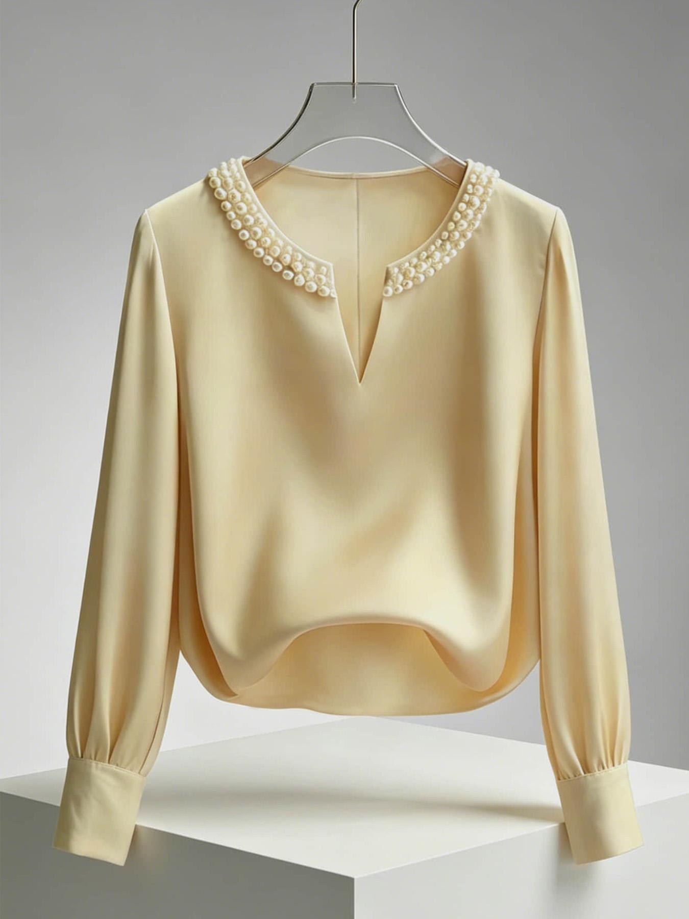 A women's pearl collar top, Blouse, with a V-neck small open neck, loose and versatile, showing off a slimming temperament. It is suitable for summer, business negotiations, customer meetings, commuting