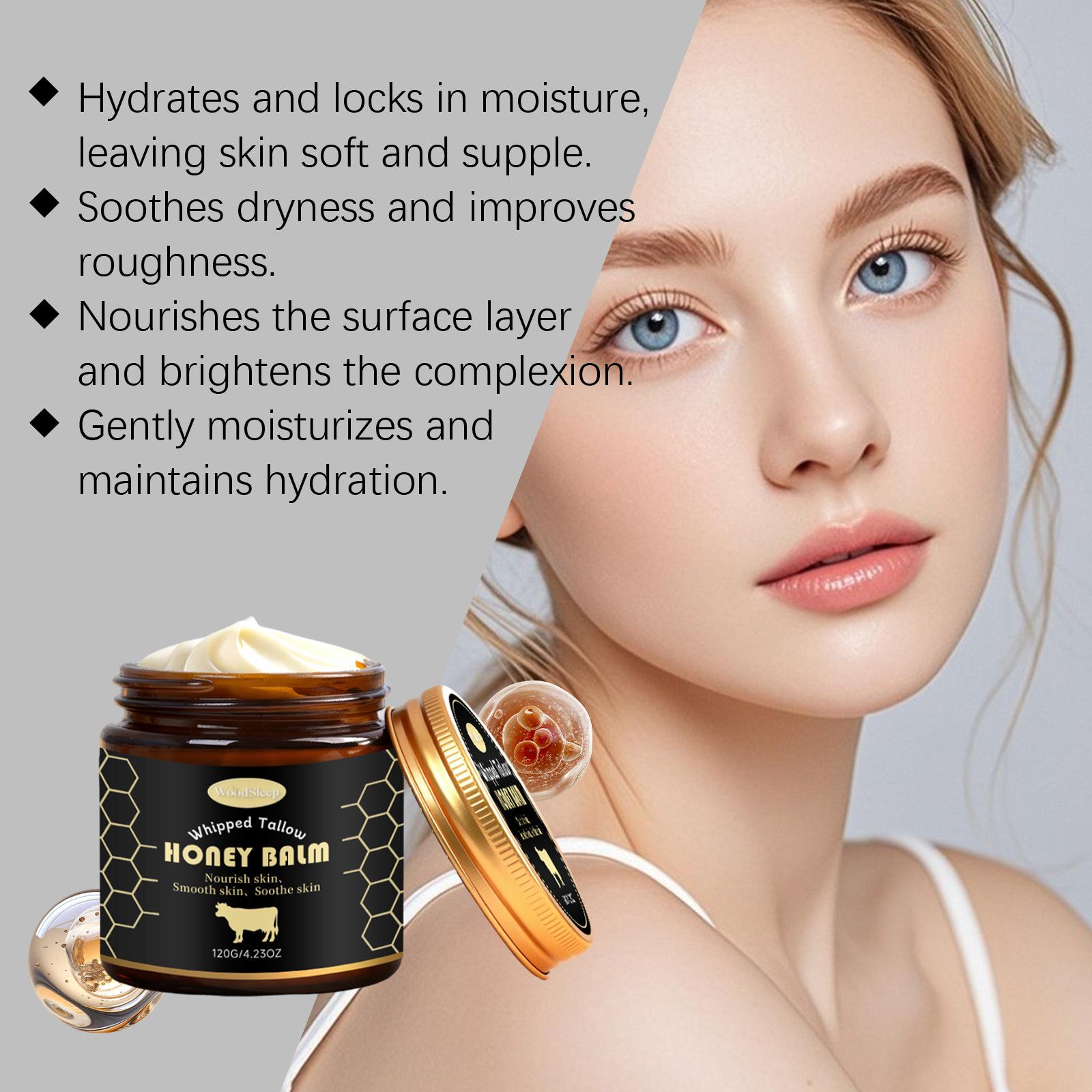 WOODSLEEP Whipped Grass-Fed Beef Tallow Honey Balm - 4.23Oz,Moisturizing Cream for Soft, Smooth Skin - Handmade All-Natural Moisturizer - Hydrating, comfort, moisture boost cream, luminous firming cream, body care, hydrating dry skin