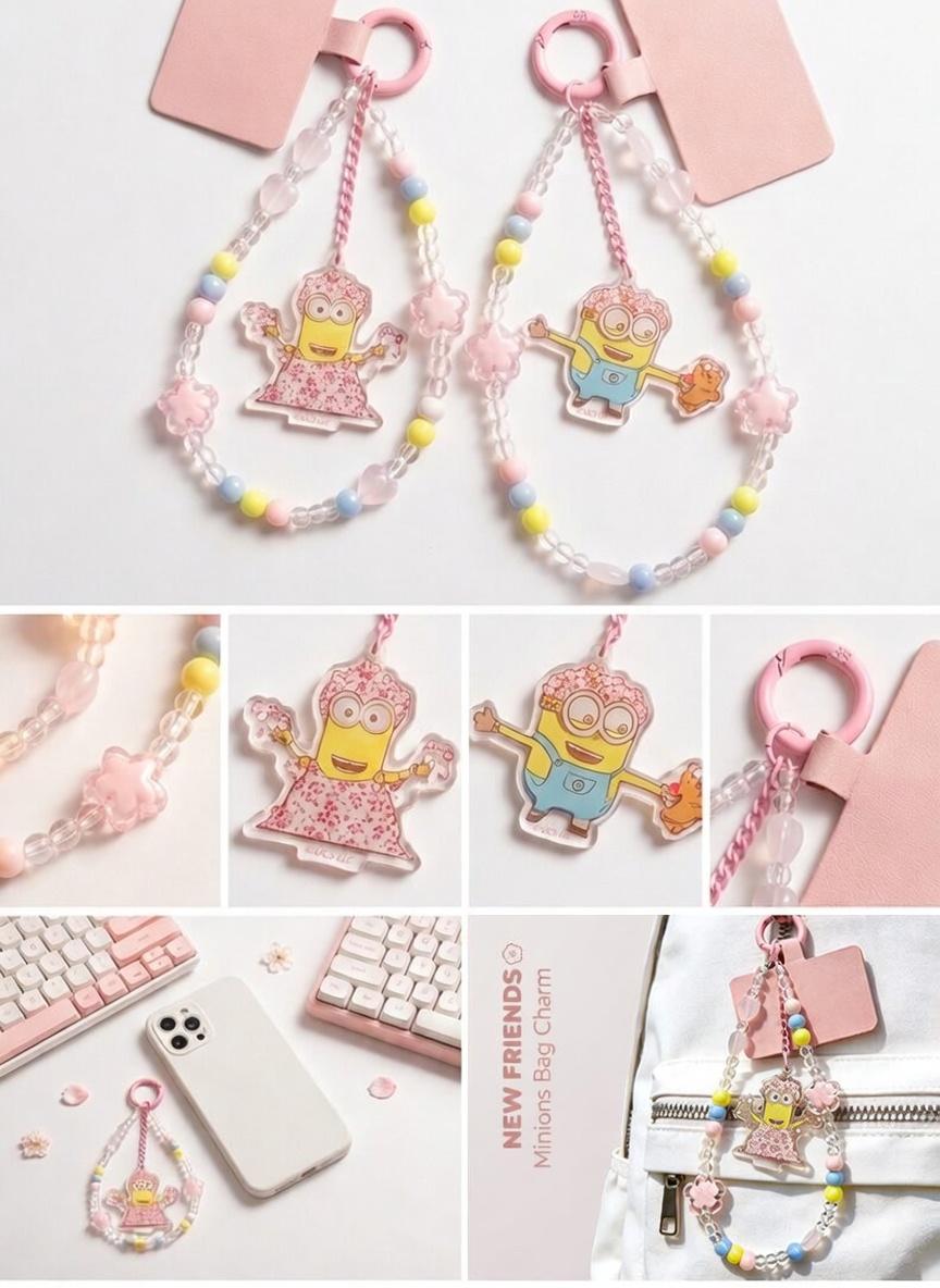 Minions Sakura Cherry Blossom Phone Charm - Limited Edition Kawaii Beaded Strap | Bob & Kevin Cute Pendant For Phone & Bag
