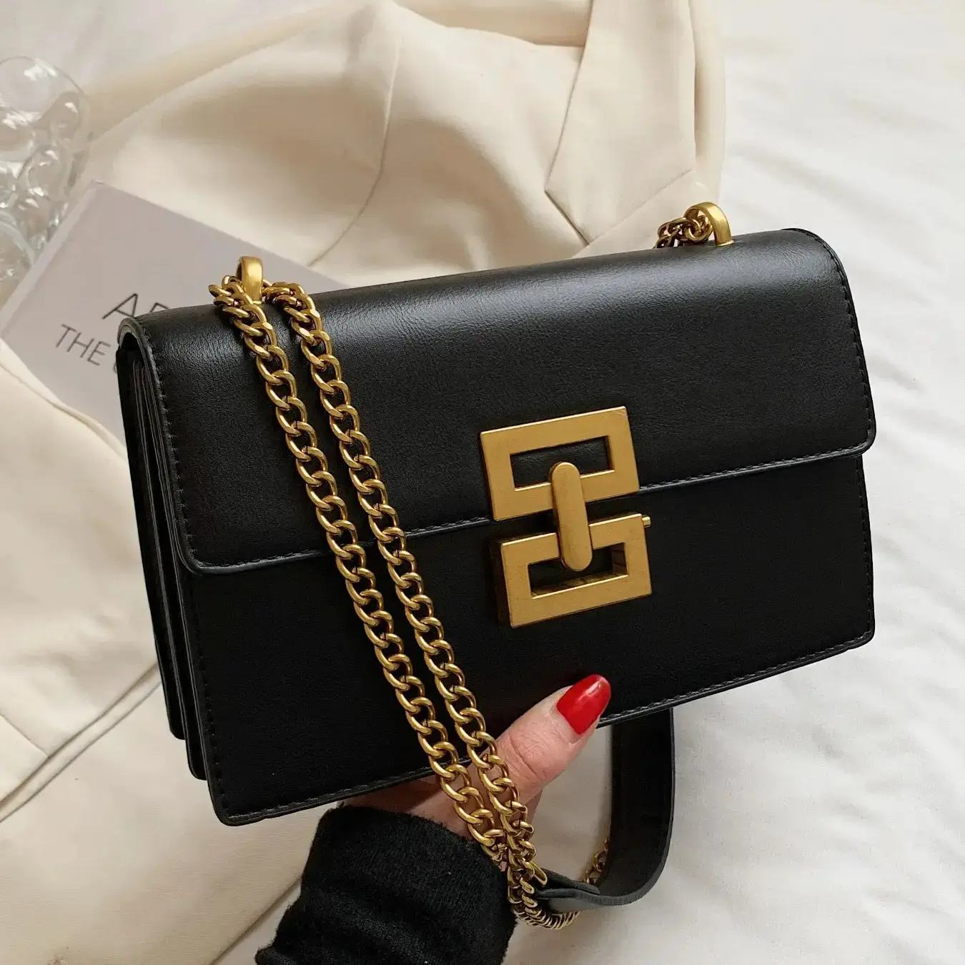Square Shoulder Bag for Women, Gold Chain Crossbody Purse with Flap and Geometric Turn Lock, Elegant Mini Box Handbag for Work, Shopping, Travel, Date Night, Parties, Weddings, Daily Commute, Classic Fashion Accessory, Trendy Gift for Her