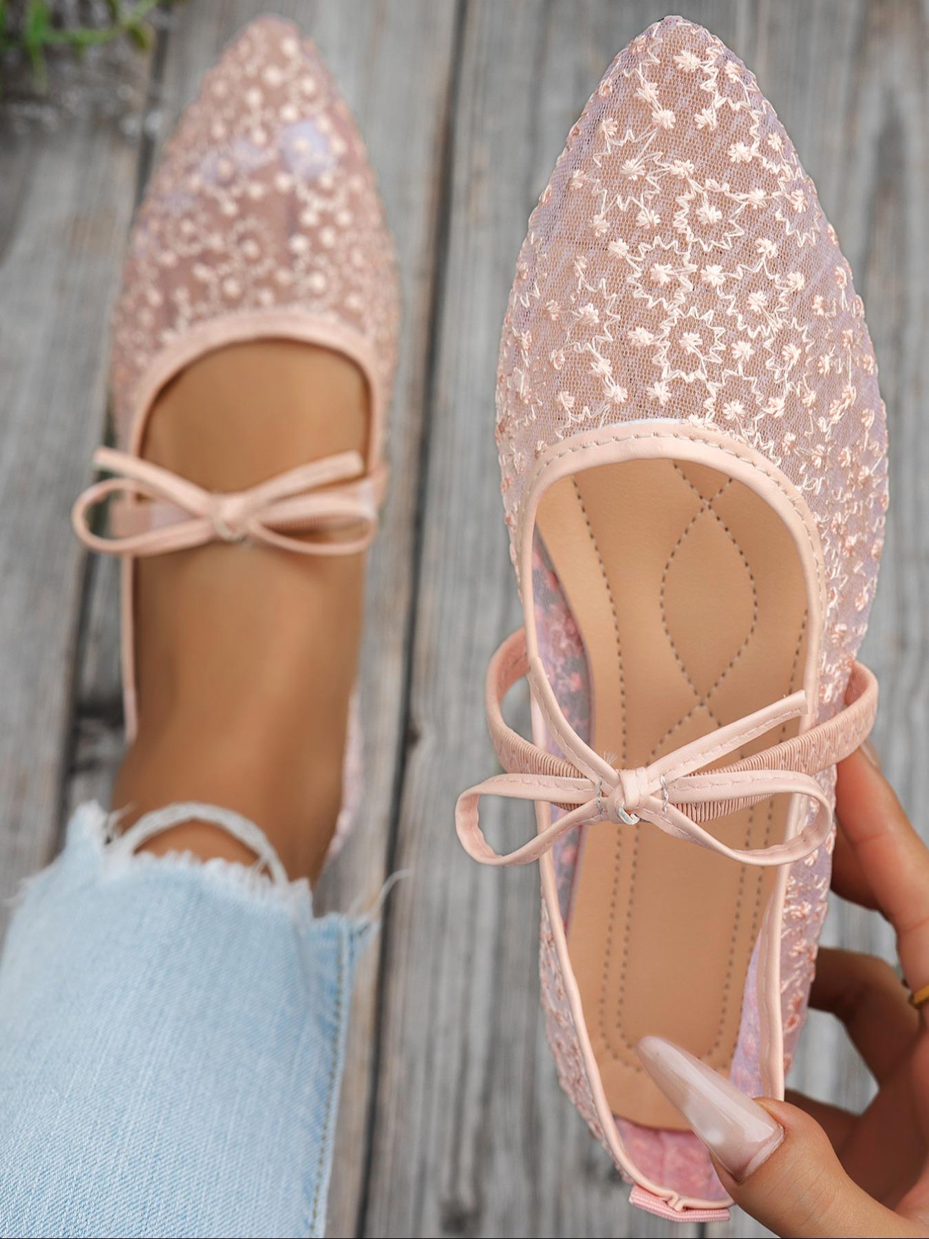 Women's Elegant Lace Pointed Mary Jane Sandals, Delicate Mesh Embroidery, Bow, Comfortable Flat Sole, Spring Summer Casual Shoes, Pointed Toe Flats, Mary Jane Flats