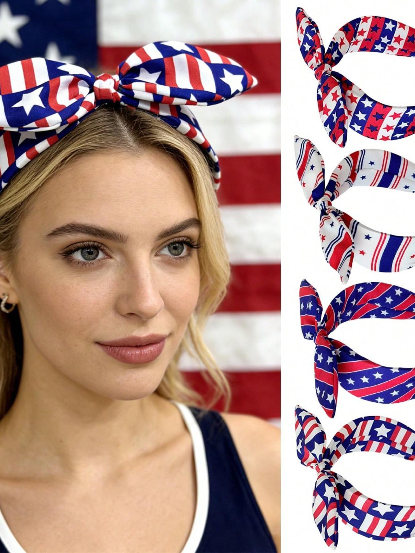 4pcs Women's Independence Day Hairbands, Striped Cute Strawberry, Fun Youthful Style, High Elastic Durable, Girl Influencer Photo Accessories