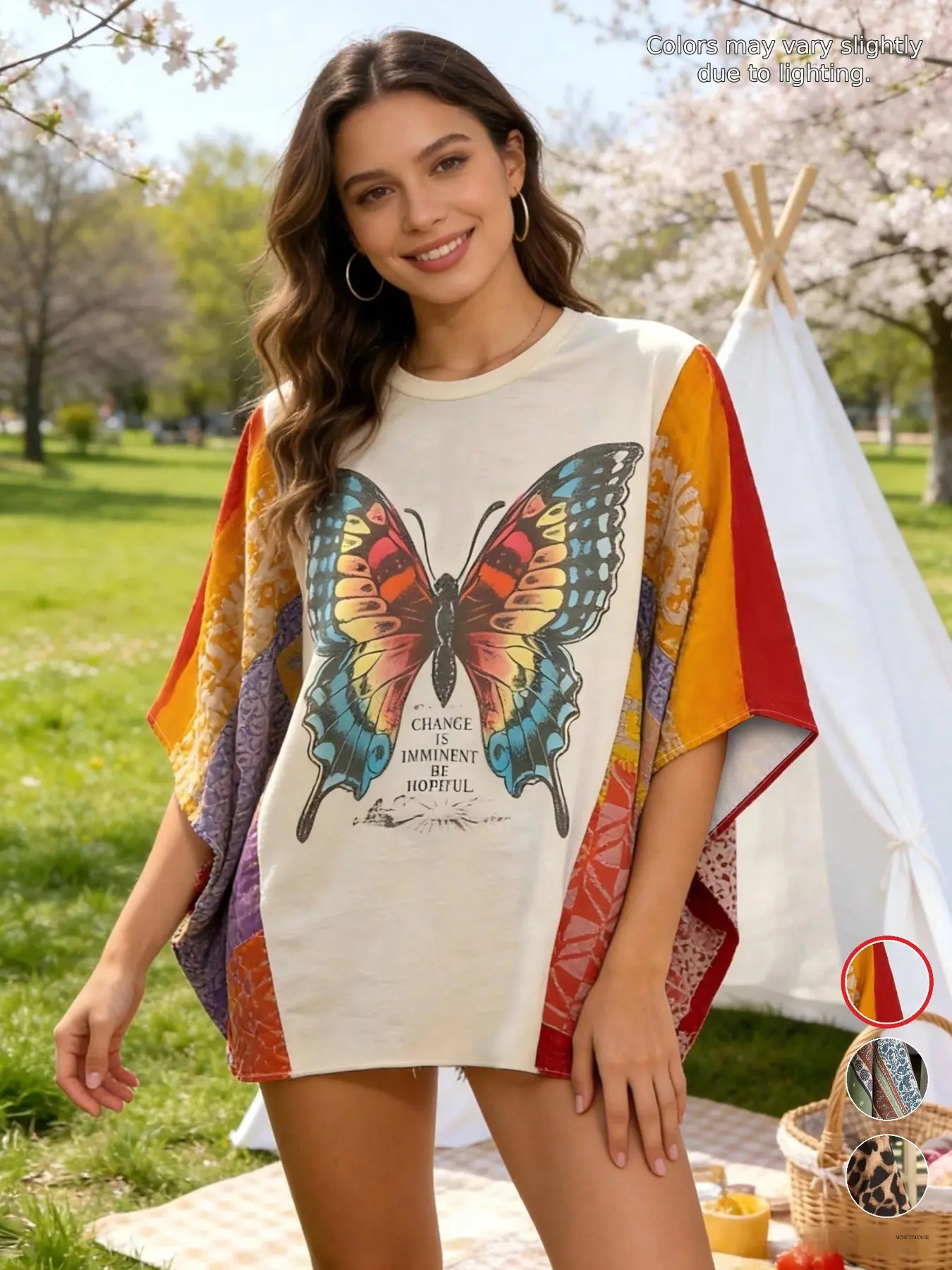 Women's Vintage Butterfly Print Loose T-Shirt, Patchwork Bat Sleeve Frayed Hem Oversize Top, American Retro Summer Casual Short Sleeve, Fashion Streetwear Top