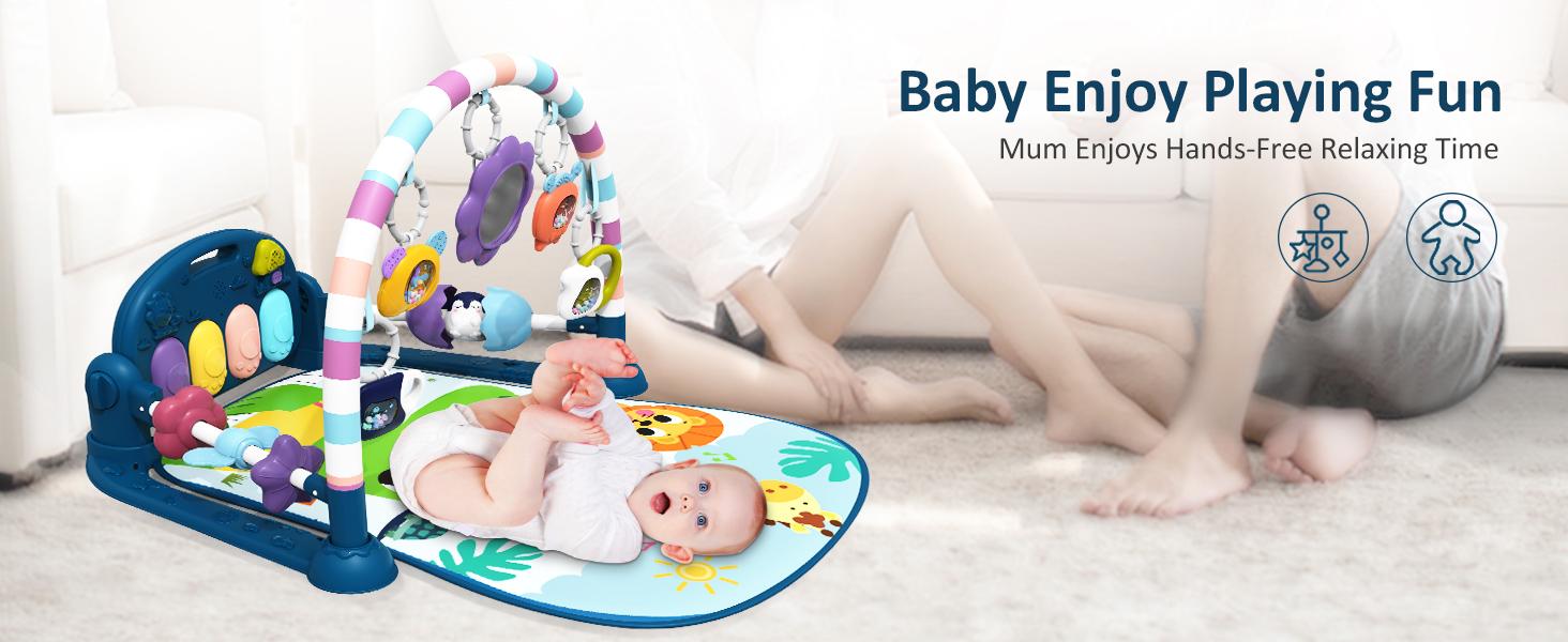 Baby Play Mat Baby Gym,Funny Play Piano Tummy Time Baby Activity Mat with 5 Infant Sensory Baby Toys, Music and Lights Boy & Girl Gifts for Newborn Baby（Blue）