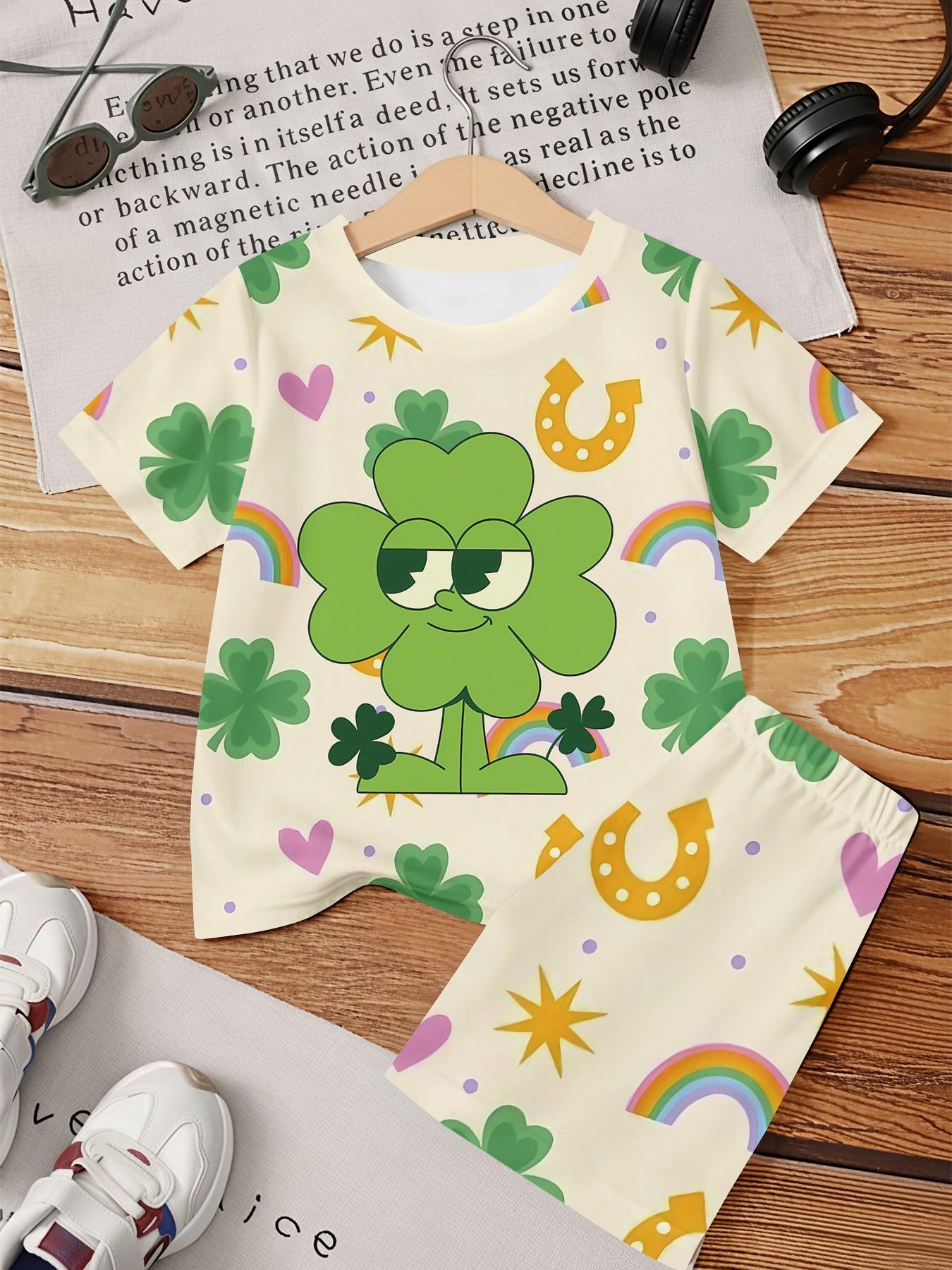 Lucky Four-Leaf Clover Kids' Two-Piece Short Sleeve and Shorts Set, 100% Polyester Casual Loose-Fit Outfit, Summer Fun Printed Pattern, Outdoor Sports T-Shirt Set, Perfect Gift for Boys