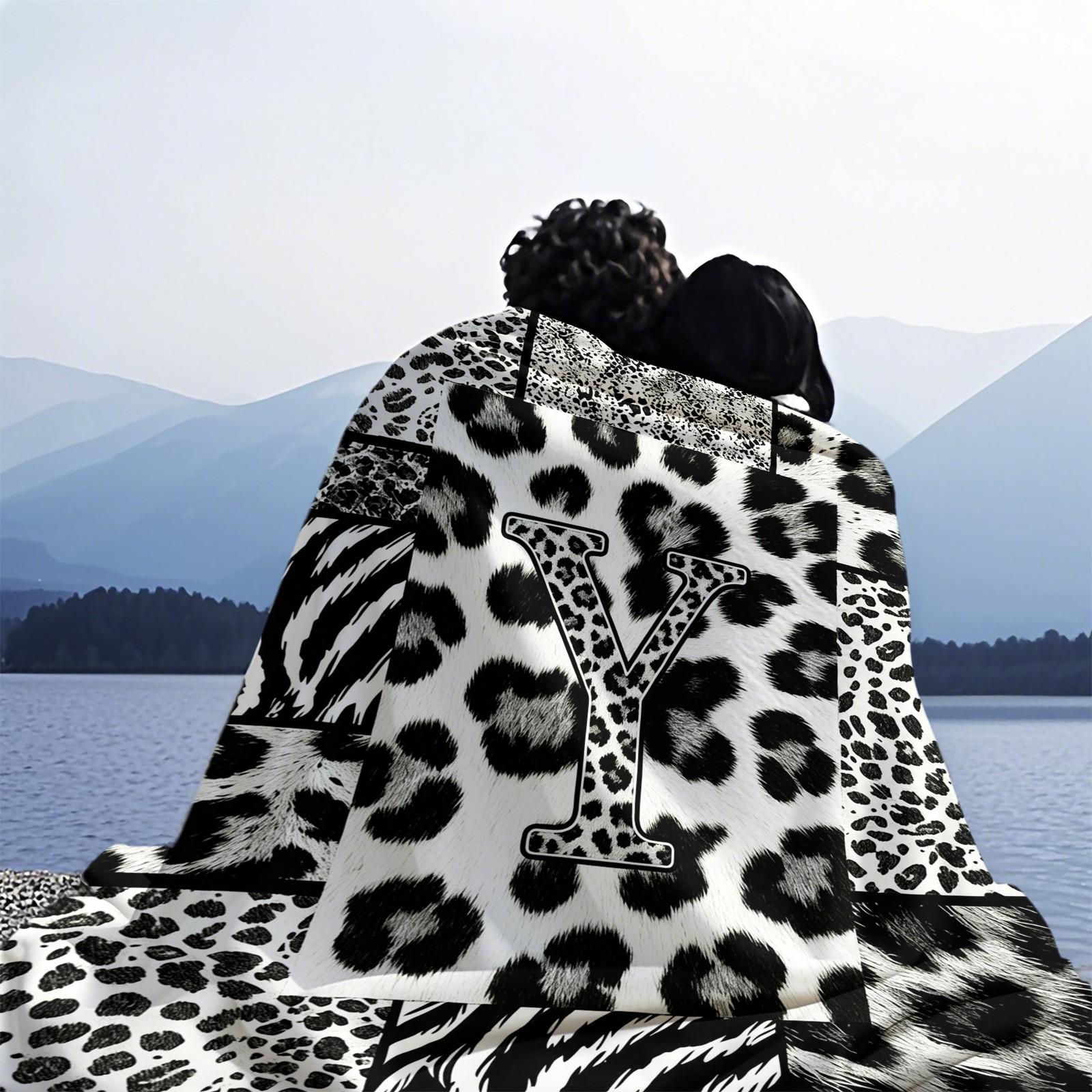 Custom Initial Animal Print Throw Blanket, Trendy Patchwork Visual Impact, Skin-friendly Breathable Lightweight, Perfect for Rental Bedroom Daily Use