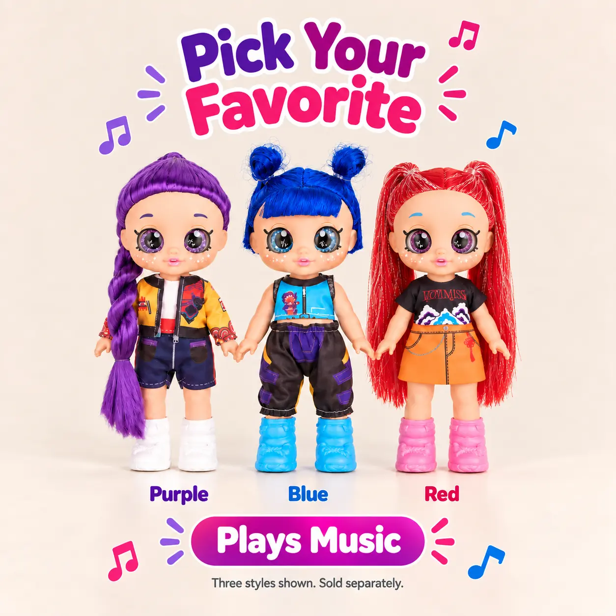 Fashion Doll Toy with Music and Movable Joints, Long Colorful Hair, Large Sparkling Eyes and Stylish Outfit, Dress-Up Pretend Play Toy for Birthday and Holiday Gifts, Available as 1pc or 3pcs Set