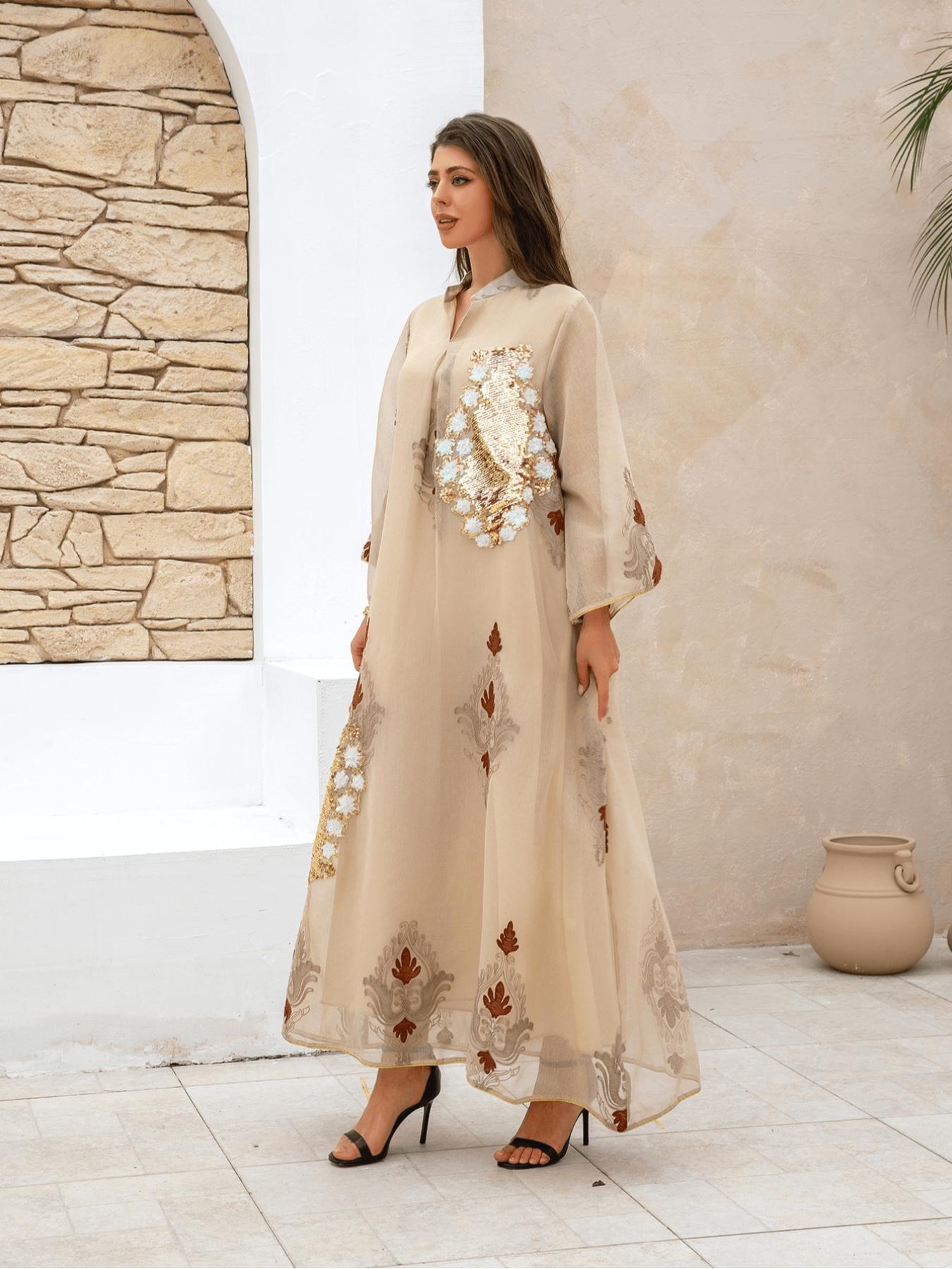 Women's Ethnic Pattern Embroidery Dress, Modest Elegant Long Sleeve Dress for Party Wedding Guest, Ladies Spring Islamic Clothing