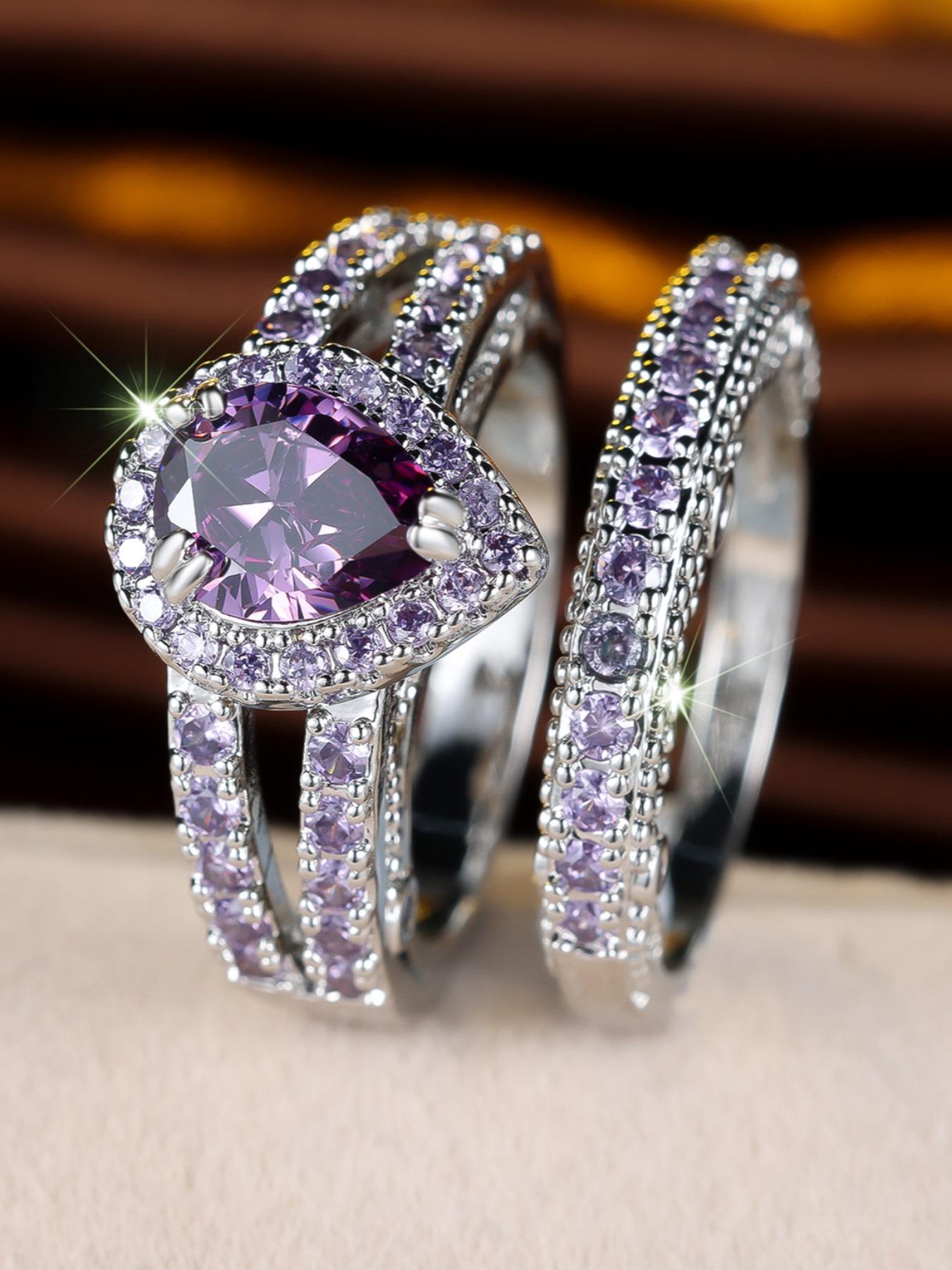 2-piece ring set, purple teardrop synthetic zircon inlay engagement ring, stackable rings for women, Artificial Gemstone Ring, exquisite birthday anniversary gift for her