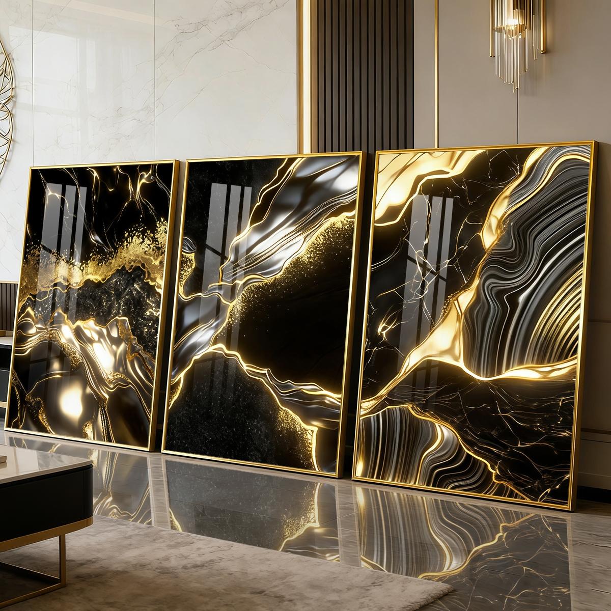 3 Counts Aluminum Alloy Framed Painting, Abstract Black And Gold Fluid Art Pictures, Home Decoration For Living Room, Bedroom, Office, Restaurant, Hallway Wall Decor, Odorless Print Artwork, Luxury Perfect Gift For Friends And Family