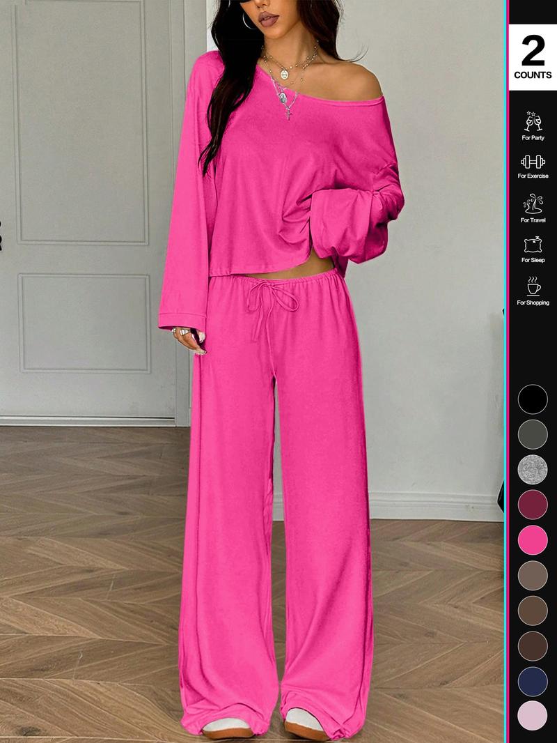 2026Women's Two-Piece Set, Long Sleeve Casual, Breathable Elastic Waist Pants, All-Season Basic Sleepwear, Comfortable Loungewear