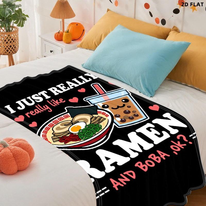 Cute Ramen & Boba Themed Throw Blanket, Single - Sided Printed, Multiple Specifications Available, Perfect for Nap/Relaxation, Soft Cozy Fabric, Adorable Design for Ramen & Boba Lovers