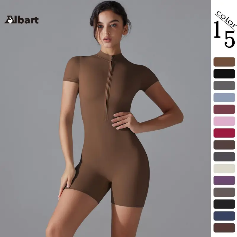 Women Mock Neck Half Button Placket Workout Bodysuit, Short Sleeve Solid Color One Piece Short Unitard, High Elastic Tummy Compression Slimming Bodycon Athletic Romper, Multiple Neutral & Bright Colors Available For Yoga, Pilates, Gym Training, Running An
