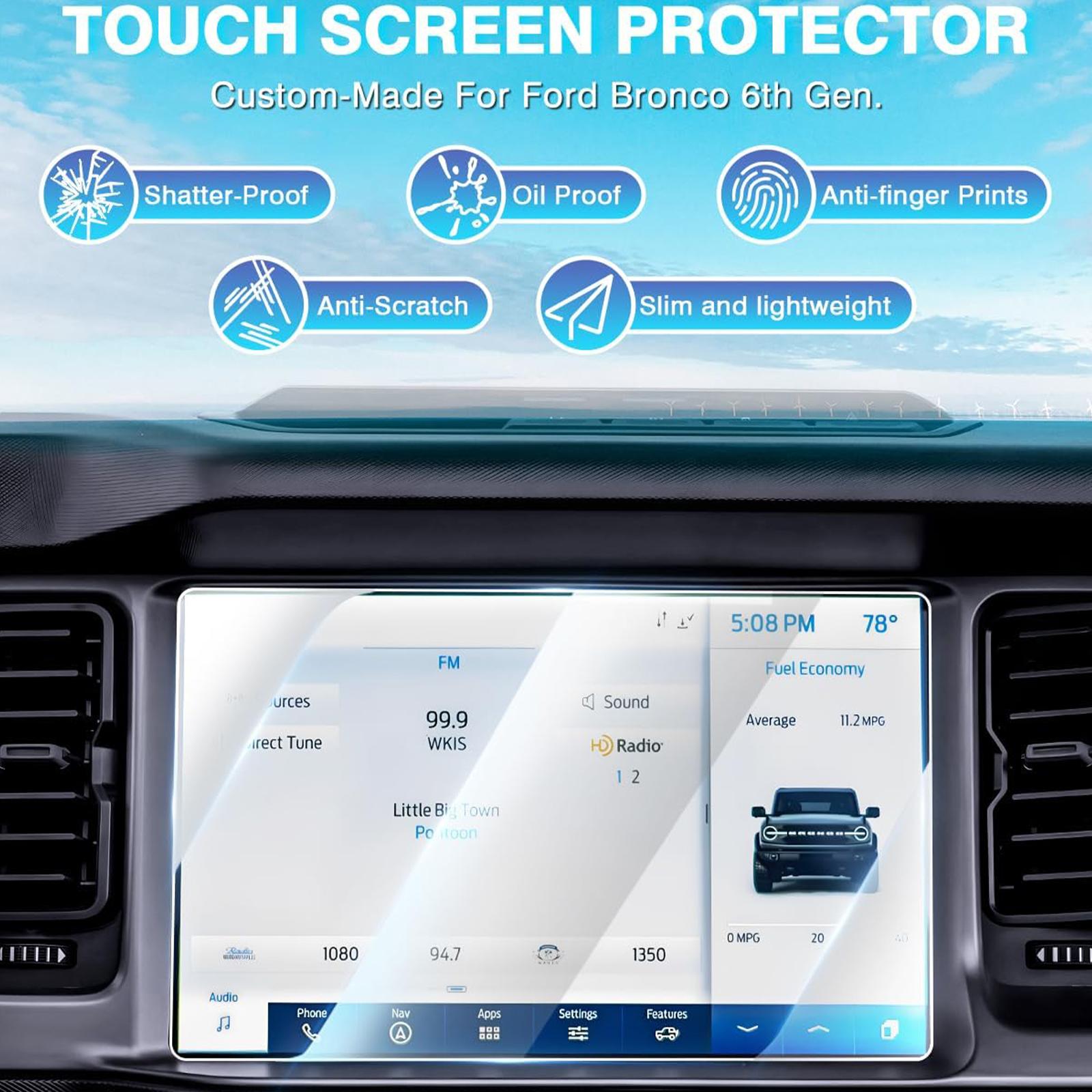 Canvcle 2 Pack Anti Glare Screen Protector for 2021-2025 Ford Bronco 12-Inch Touchscreen, 9h Tempered Glass Protector for 2025 Bronco Accessories, Navigation Protective Film Anti Fingerprint Cover Protection