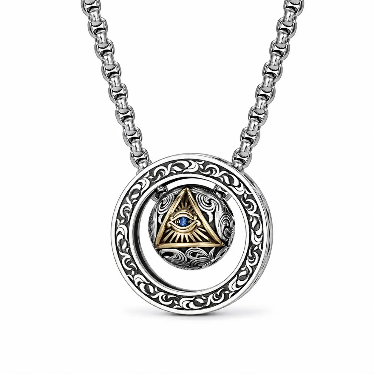 Vintage Stainless Steel Eye of Providence Spinning Pendant Necklace with 60cm Round Box Chain for Men Punk Gothic Protection Amulet Gift