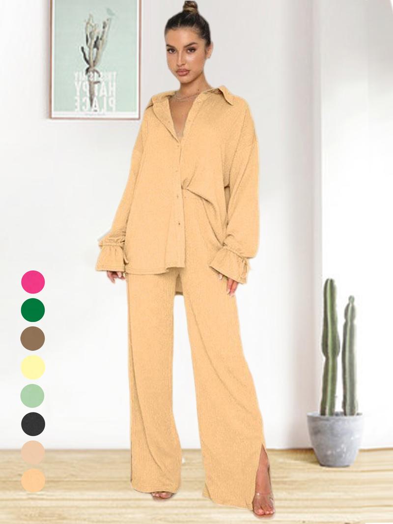 Women's Solid Button Front Shirt & Split Hem Pants Set, Casual Comfy Basic Flounce Sleeve Top & Wide Leg Trousers for Daily Wear, Women's Clothing