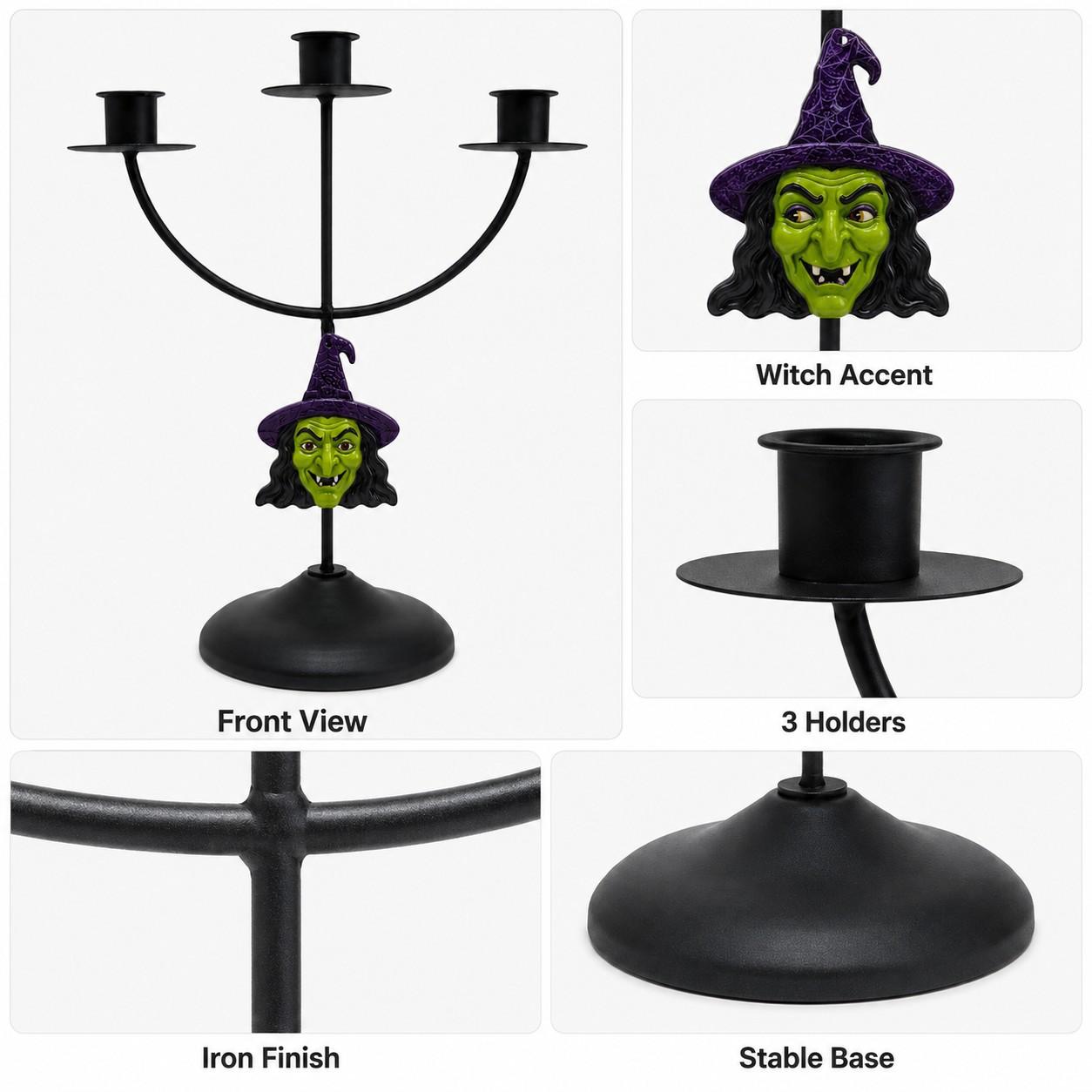1 Piece Halloween Gothic Witch Face Iron Three Arm Candle Holder for Adults Families Table Mantel Entryway Party Decor Stable Base Black Vintage Style Fits Taper Candles for Holiday and Everyday Home Display