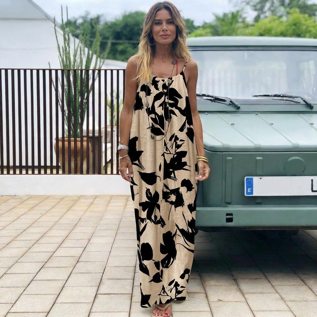 2026 Women's Nightdress Printed Halter Neck Backless Loose Nightgown Casual Homewear in Leopard Print