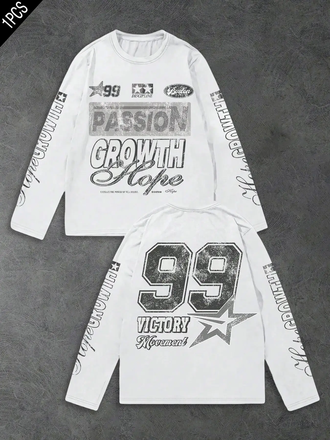 Men's Vintage Racing Style Long Sleeve T-Shirt, Distressed Double-Sided Print, Loose 90s Motorcycle Y2K Hip Hop Streetwear