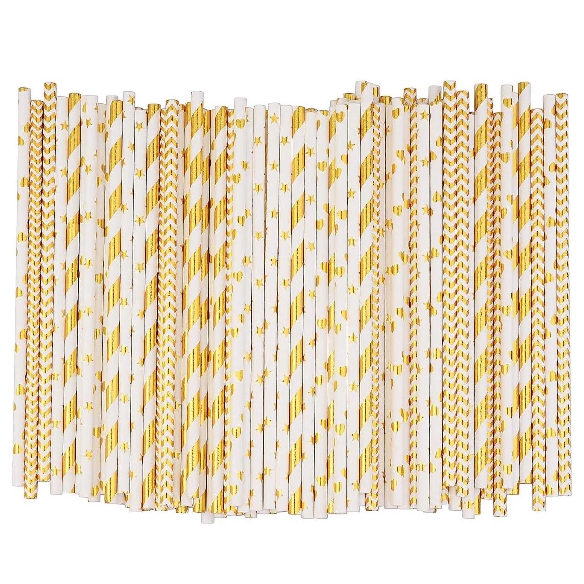 Elegant Striped mix Disposable Paper Straws, Gold Foil Crafted, Perfect for Birthdays Weddings Holidays, Cocktail Drink Accessories
