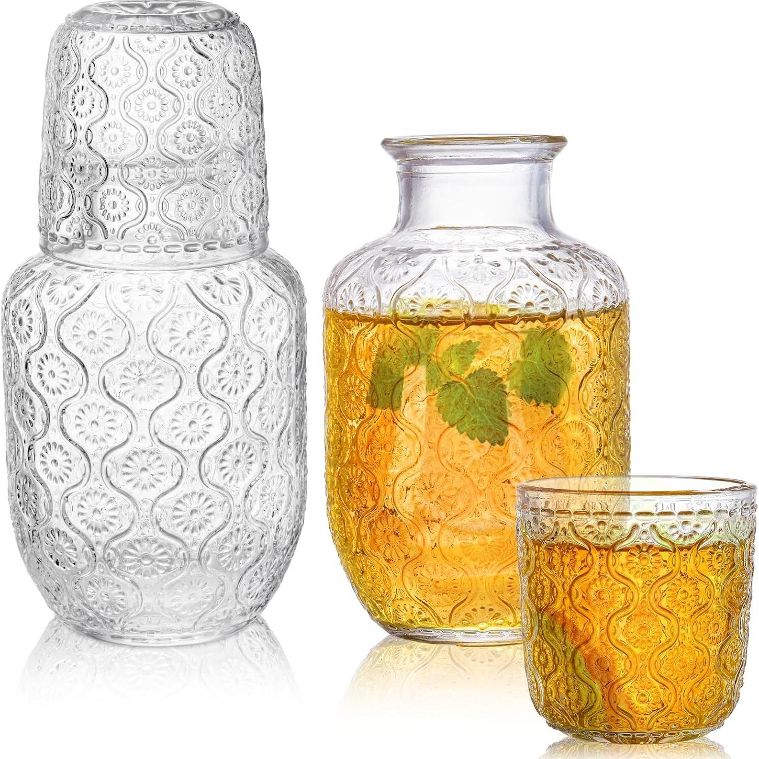 Whiskey Glass Set, 20 Oz Transparent Bedside Water Bottle with 5 Oz Cups, Vintage Elegant Glassware for Juice Kitchen Bedroom Bar Bathroom