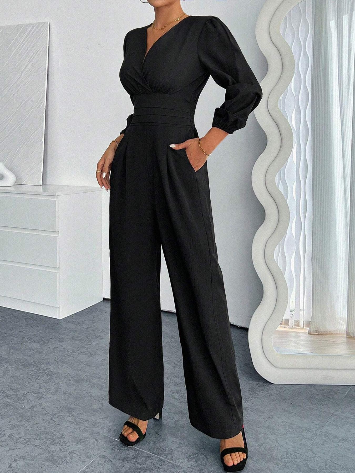 Women's Solid Color Aesthetic Puff Sleeve Wide-Leg Pleated Jumpsuit , Structured Material Fabric & Cutout Waist Detail & High-Waisted Silhouette & Fitted & Loose Legs & Multi-Color Options 1pc