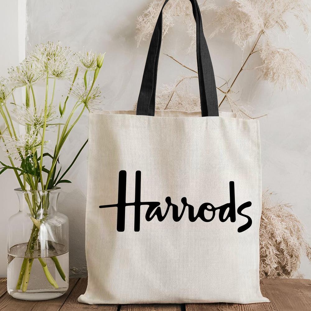 London L-Harrods Knightsbridge Storage Bags Canvas Double-Sided Print Black and White Tote Bag Large Capacity Shoulder Students Festive Fashion Eco Outdoor Picnic Travel High Quality Shopping Bag Machine Washable