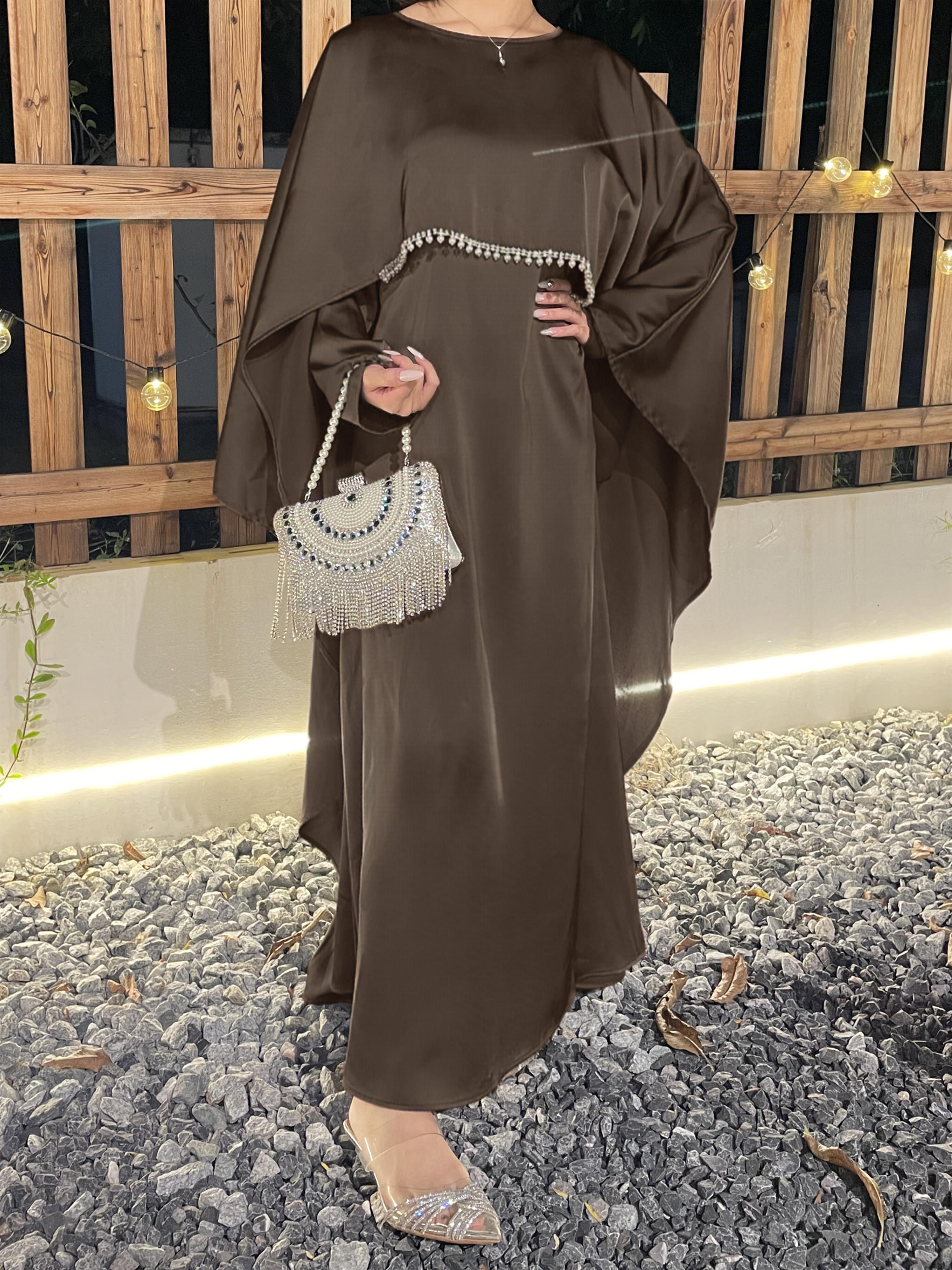 CL43 Satin cape elegant Muslim dress, Modest Party Open Butterfly Pearl rhinestone Abayas, For Evening Party/Wedding Guest/Anniversary,Unique design, luxurious texture,Fashionweek