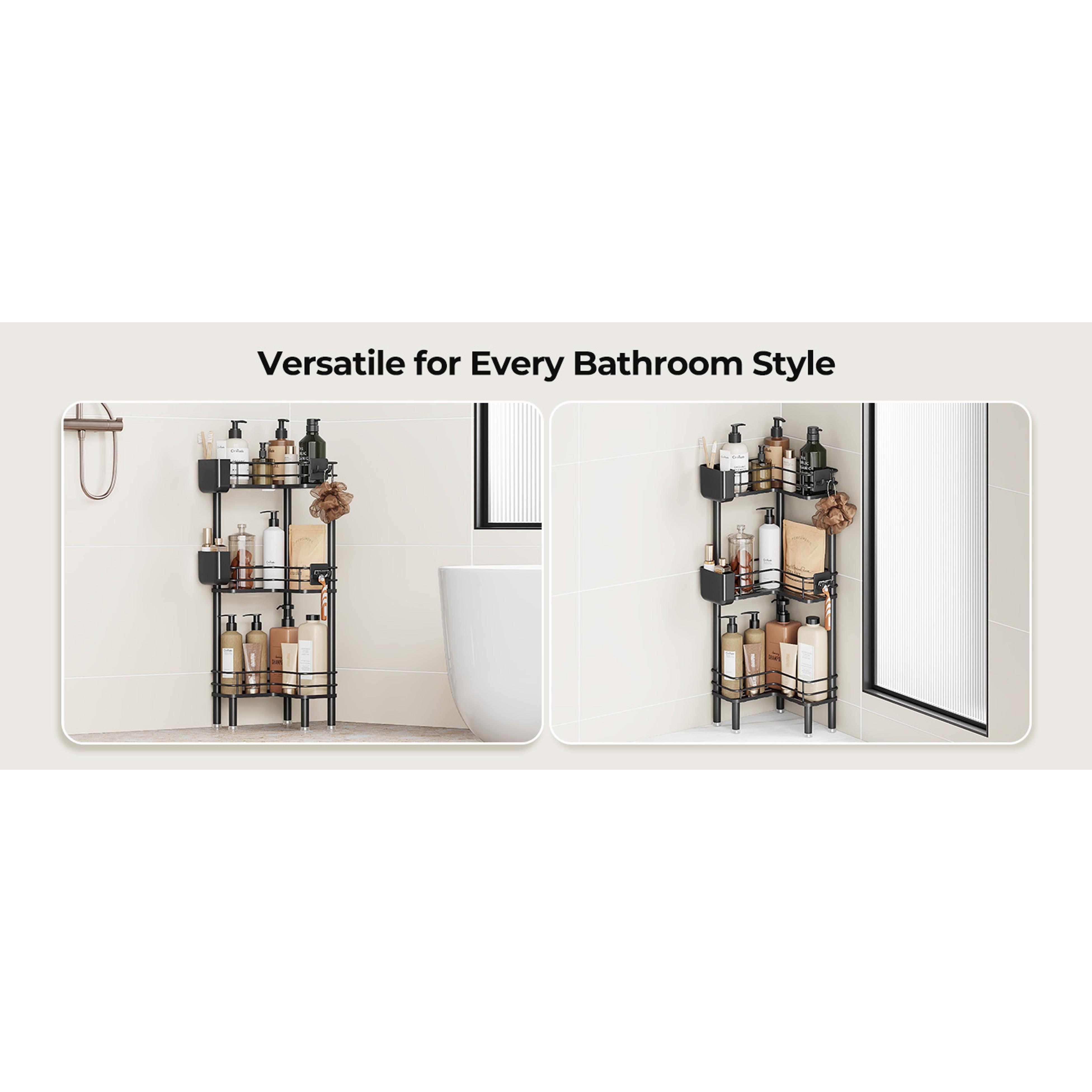 Rustproof 3 Tier Floor Standing Corner Shower Caddy Organizer with Toothbrush Holder, Large Spacing Floor Shower Shelf Rack Storage Stands with Hooks for Bathroom Kitchen, Black