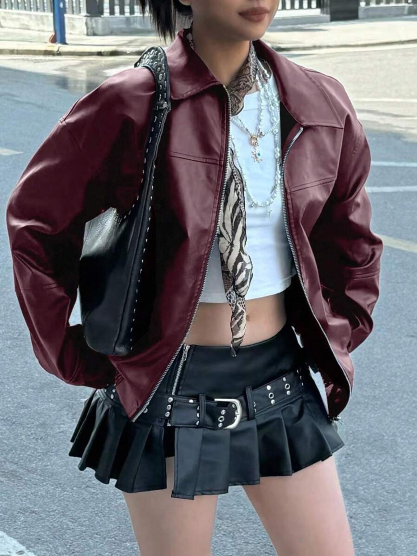 Women's Preppy Motorcycle Jacket, Casual Loose-Fit Long Sleeve PU Leather Jacket, Autumn/Winter Fashion Outerwear for Women, Coats