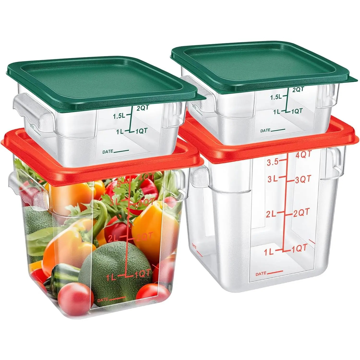 4 count Square  Storage Containers with  Measurement Scales, 2qt & 4qt Clear Plastic Stackable Containers for Dough Proofing Baking Kitchen Restaurant and Pantry Organization(Red Green)