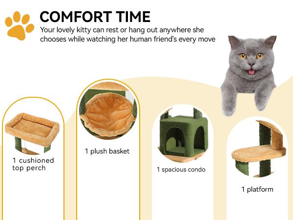 DWVO Tall Cactus Cat Tree Tower with Self-Grooming Brush, 60/73 in Cute Cat Climbing Tower for Indoor Cats with Cat Condo, Top Perch, Basktet, Sisal Scratching Posts and Board,Toy Balls