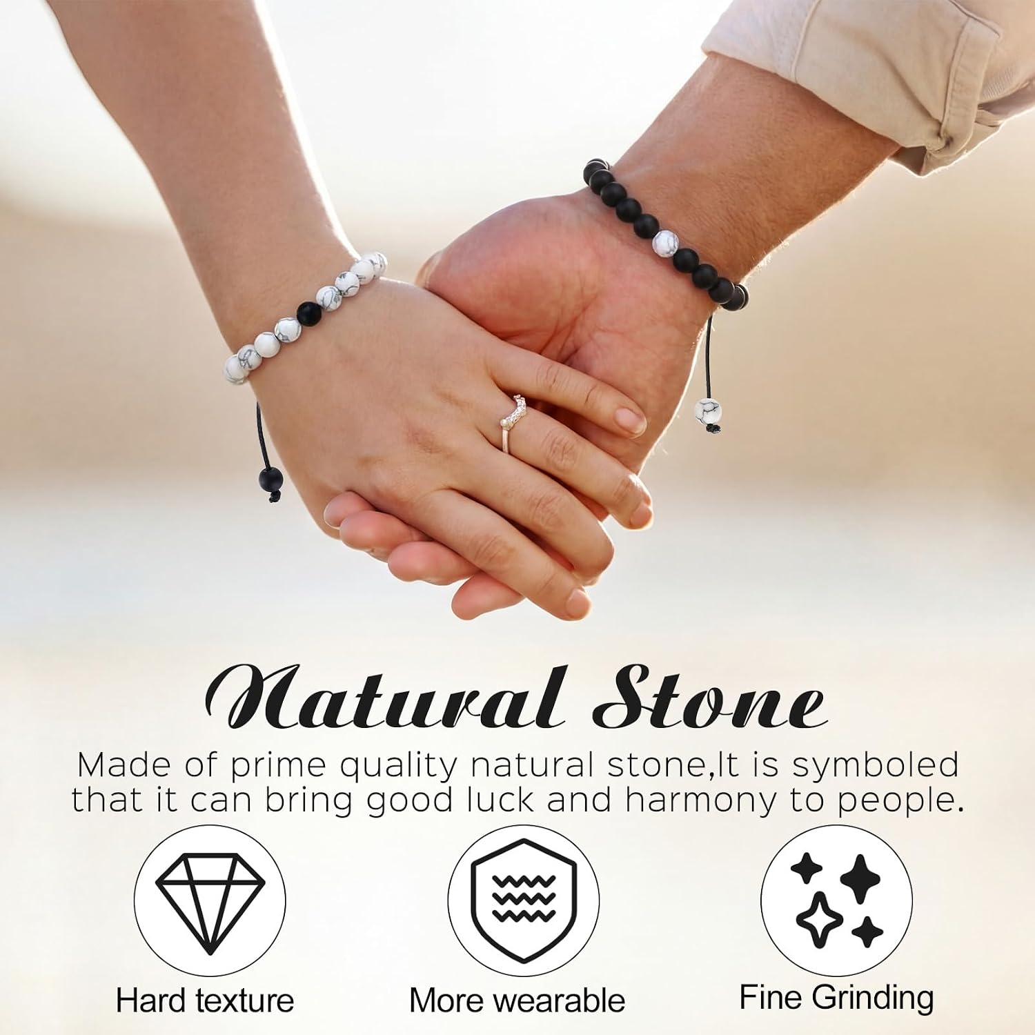 Couples Bracelets Long Distance Matching Bracelets 8mm Howlite Beads Black Matte  for Couples His and Her Gifts