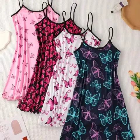 【Black Friday】Women's Cute All-Over Print Spaghetti Strap Nightdress, Casual Soft Comfortable Polyester Nightgown for All Seasons, Lady's Sleepwear & Loungewear, Breathable Sleep Dress