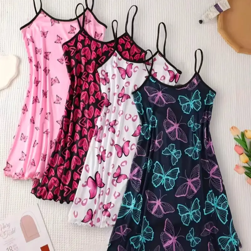 【Black Friday】Women's Cute All-Over Print Spaghetti Strap Nightdress, Casual Soft Comfortable Polyester Nightgown for All Seasons, Lady's Sleepwear & Loungewear, Breathable Sleep Dress